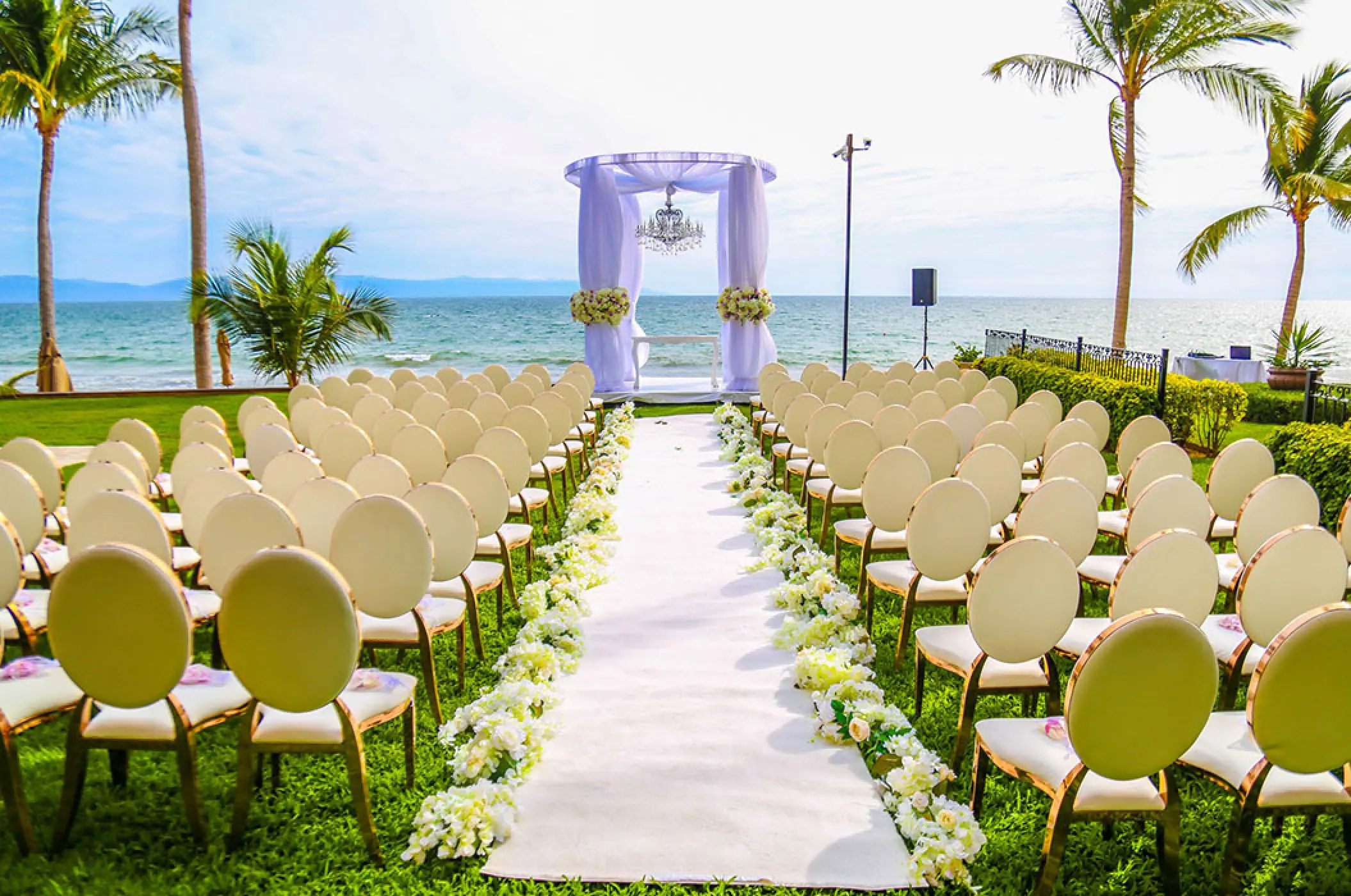 Oceanfront lawn wedding ceremony setup at Villa La Estancia Riviera Nayarit, Puerto Vallarta