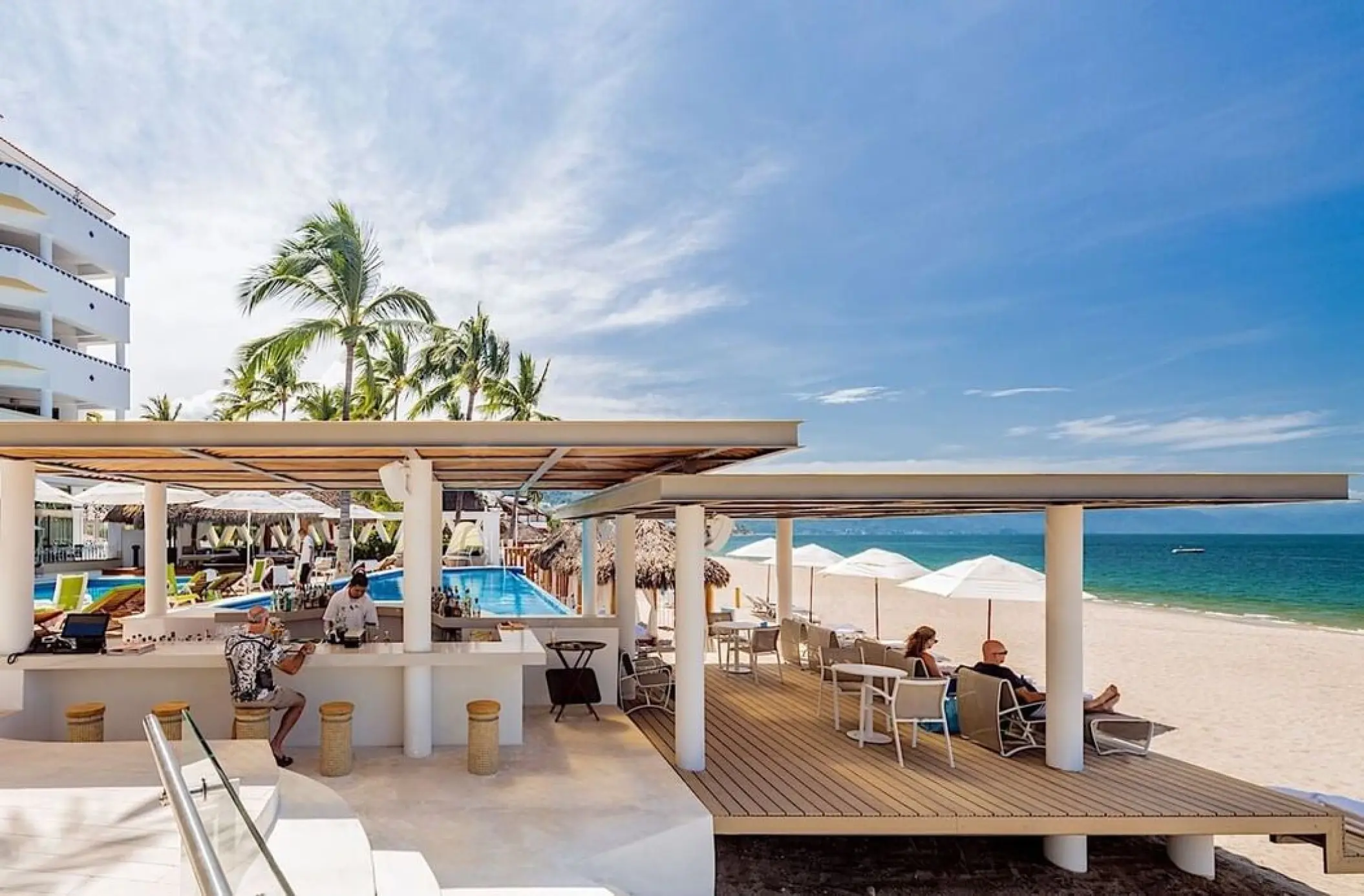 Beachfront bar and lounge deck at Villa Premiere Boutique Hotel, Puerto Vallarta
