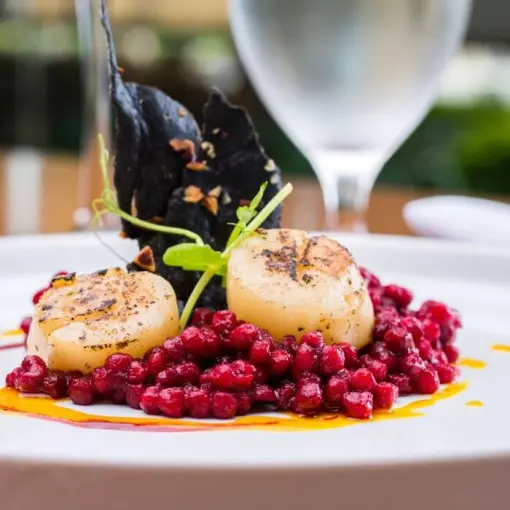 Plated gourmet scallop dish at Villa Premiere Boutique Hotel, Puerto Vallarta