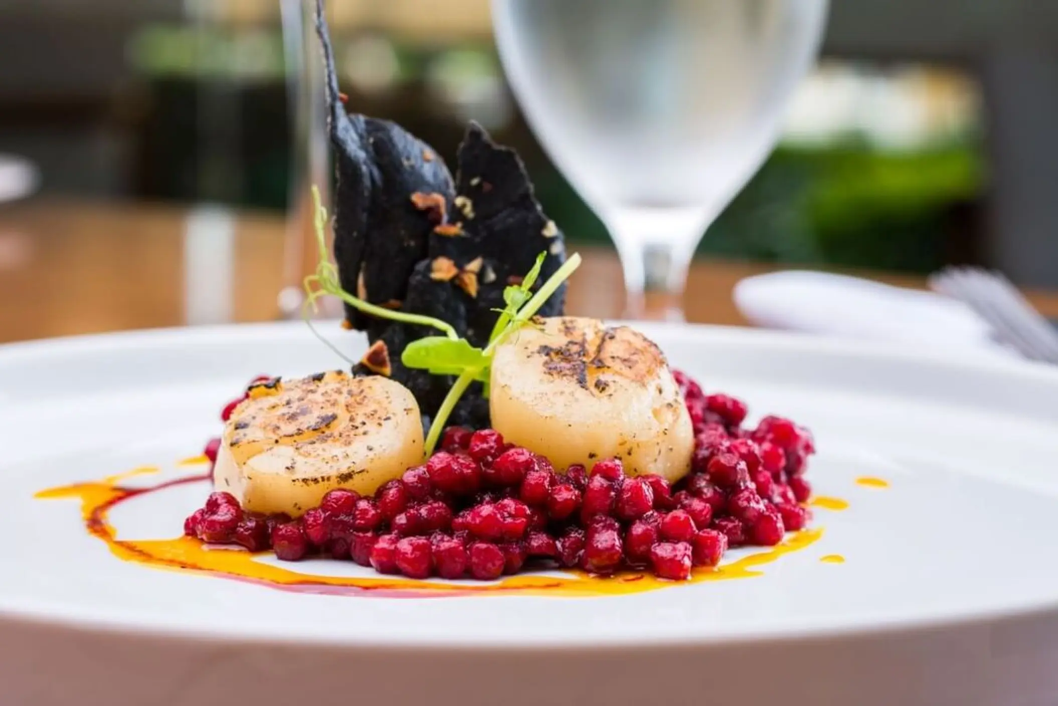 Plated gourmet scallop dish at Villa Premiere Boutique Hotel, Puerto Vallarta