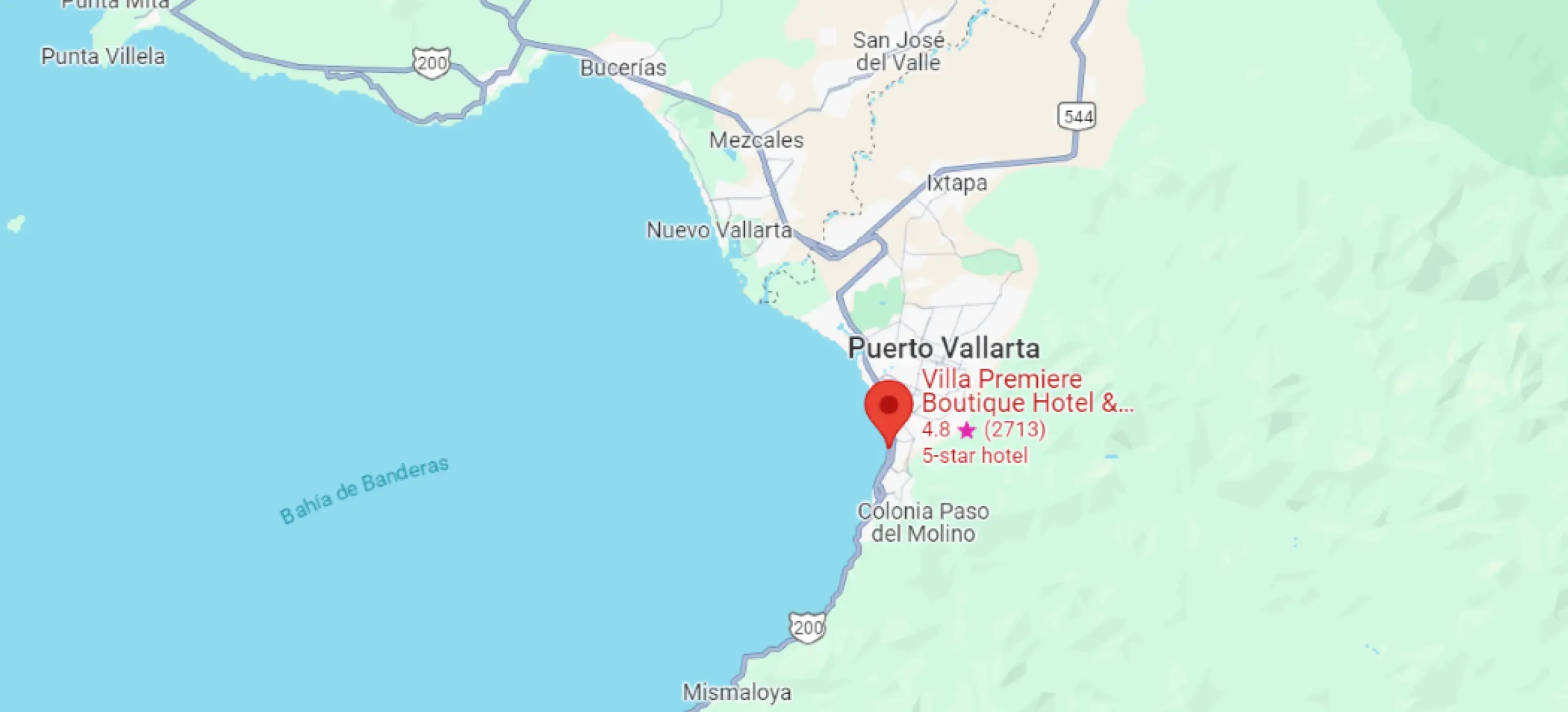 Map screenshot showing the beachfront location of Villa Premiere Boutique Hotel in Puerto Vallarta