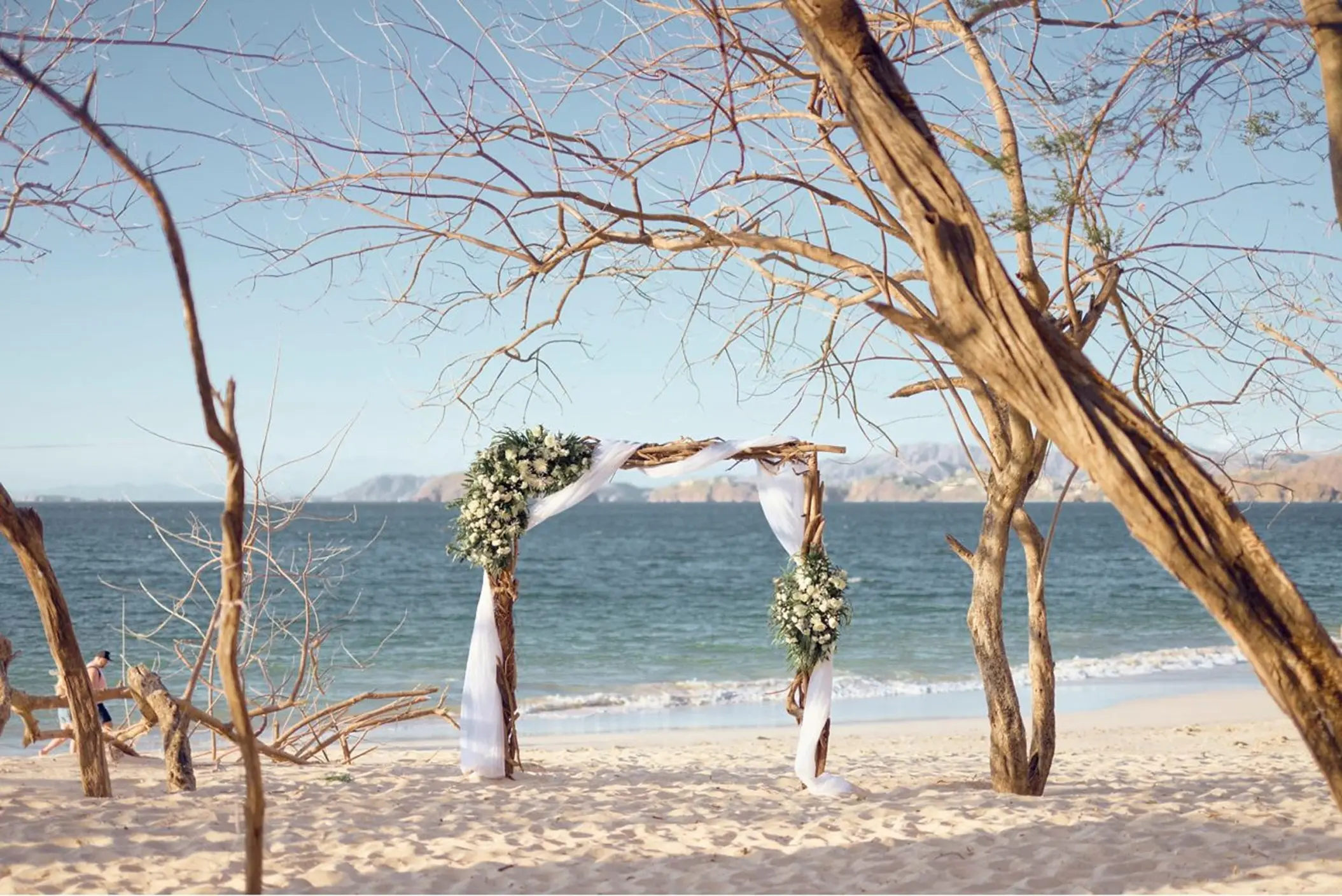 Beachfront wedding ceremony arch framed by trees at Westin Reserva Conchal, Liberia