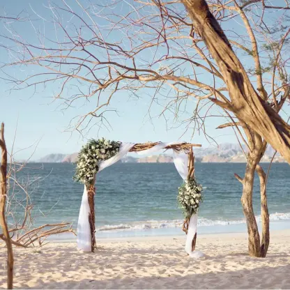 Beachfront wedding ceremony arch framed by trees at Westin Reserva Conchal, Liberia
