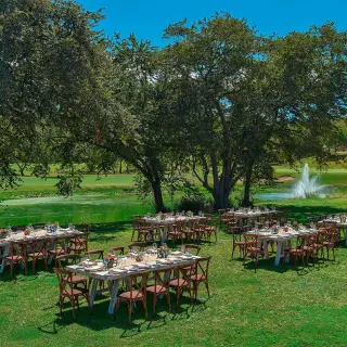 Garden wedding reception under shade trees at The Westin Reserva Conchal, Liberia