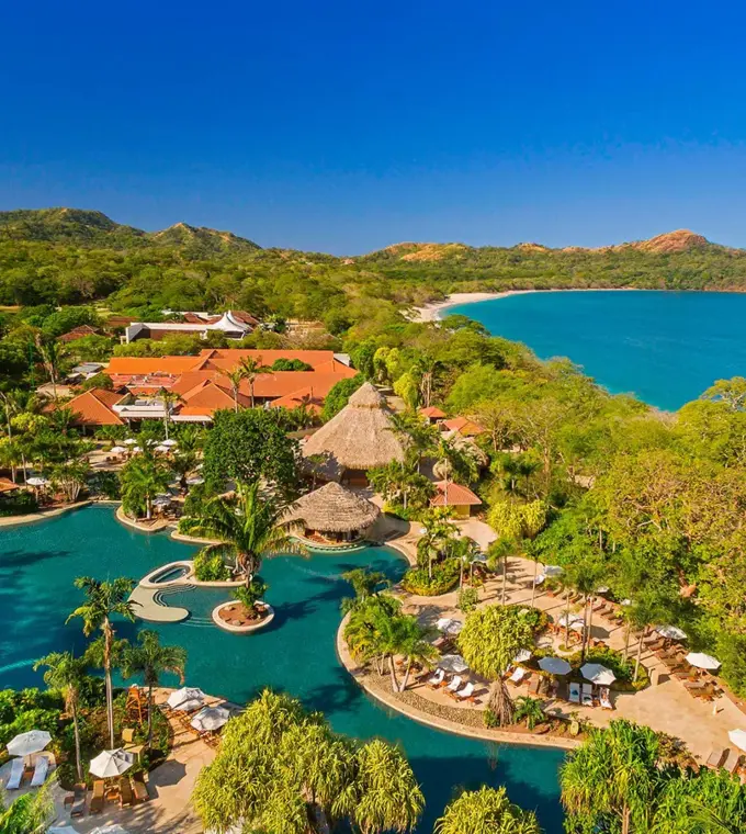 Aerial view of the lagoon-style pool and beachfront at Westin Reserva Conchal, Liberia