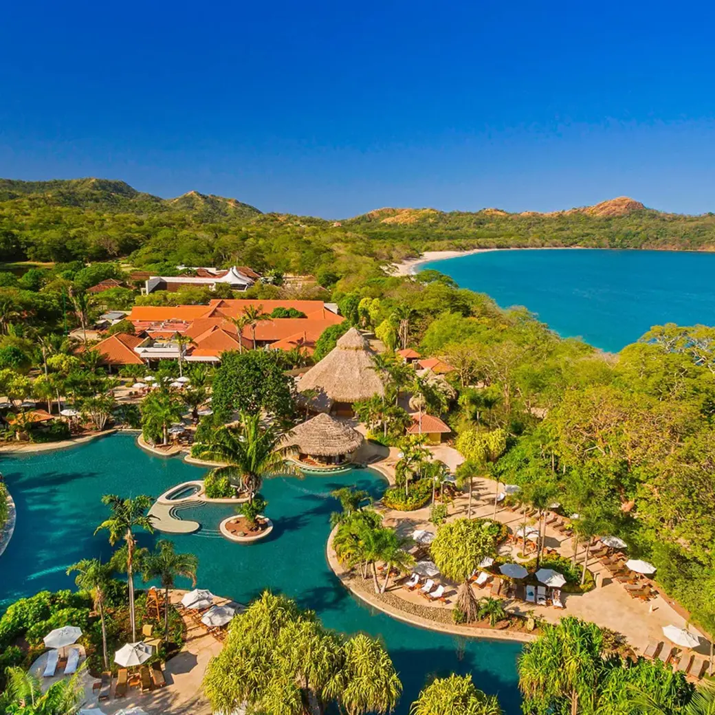 Aerial view of the lagoon-style pool and beachfront at Westin Reserva Conchal, Liberia