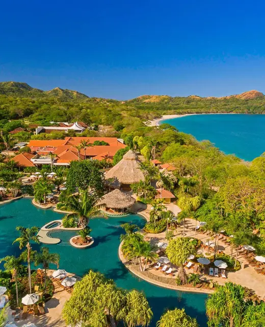 Aerial view of the lagoon-style pool and beachfront at Westin Reserva Conchal, Liberia