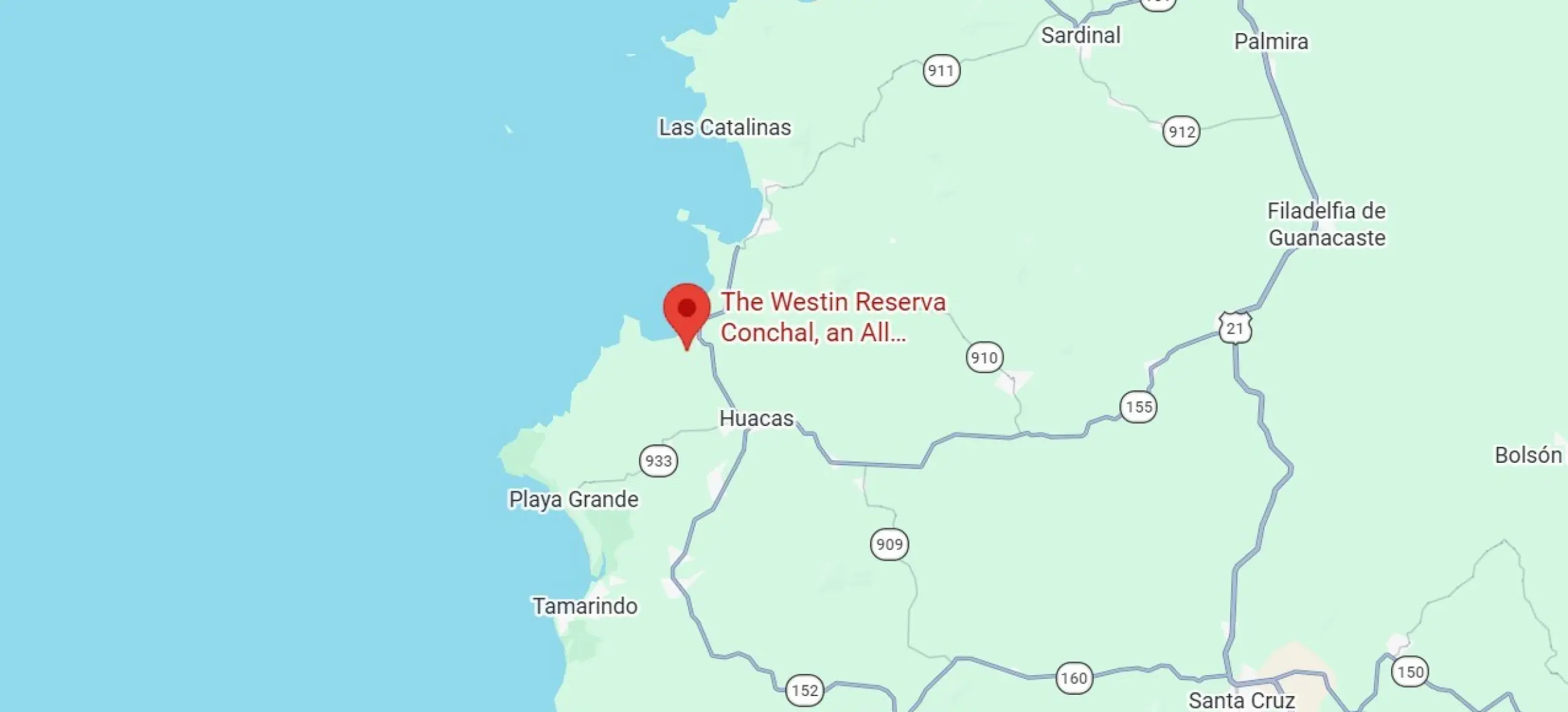 Map showing the location of Westin Reserva Conchal on the coast of Liberia