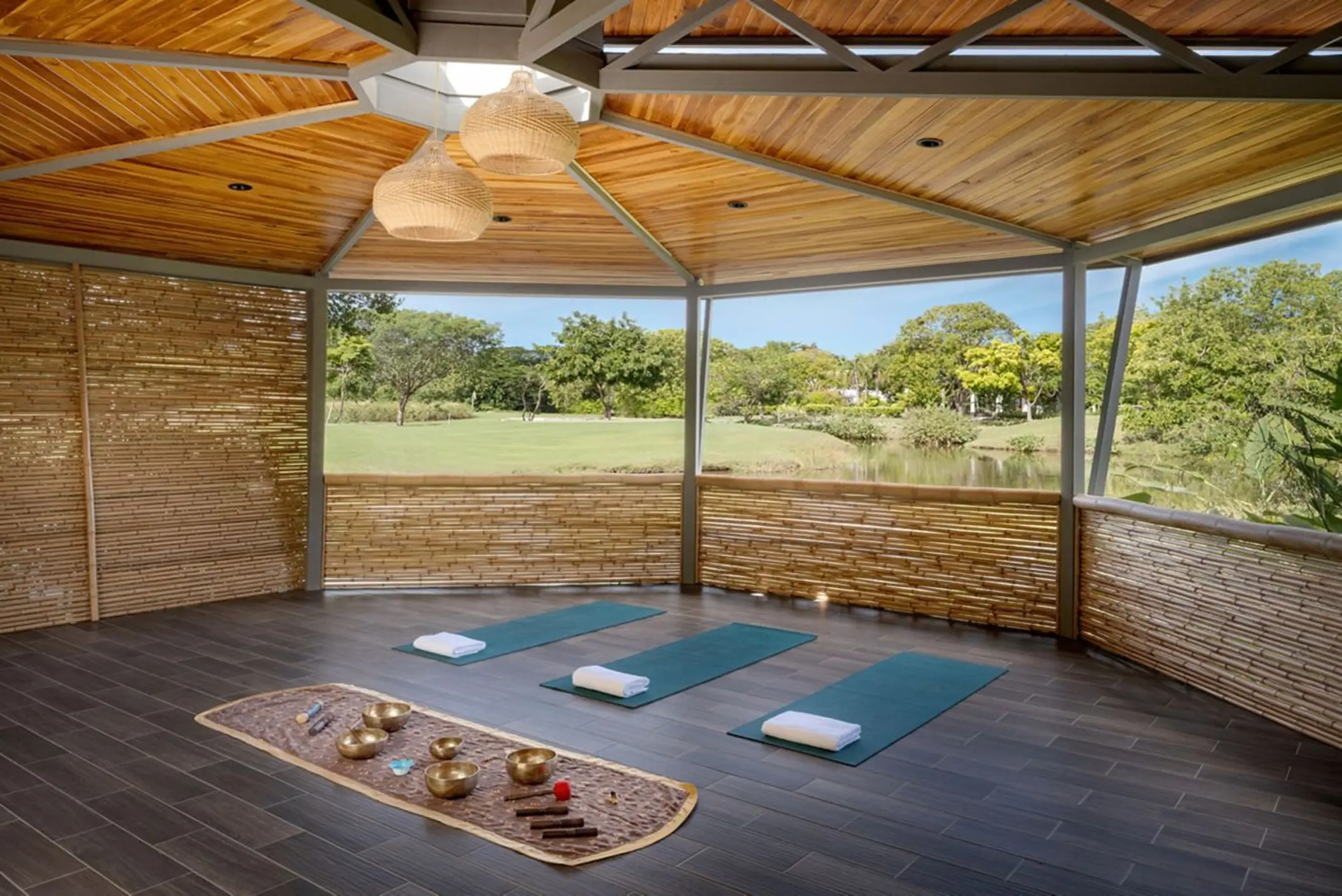 Sound healing and yoga setup in an open-air pavilion at The Westin Reserva Conchal, Liberia