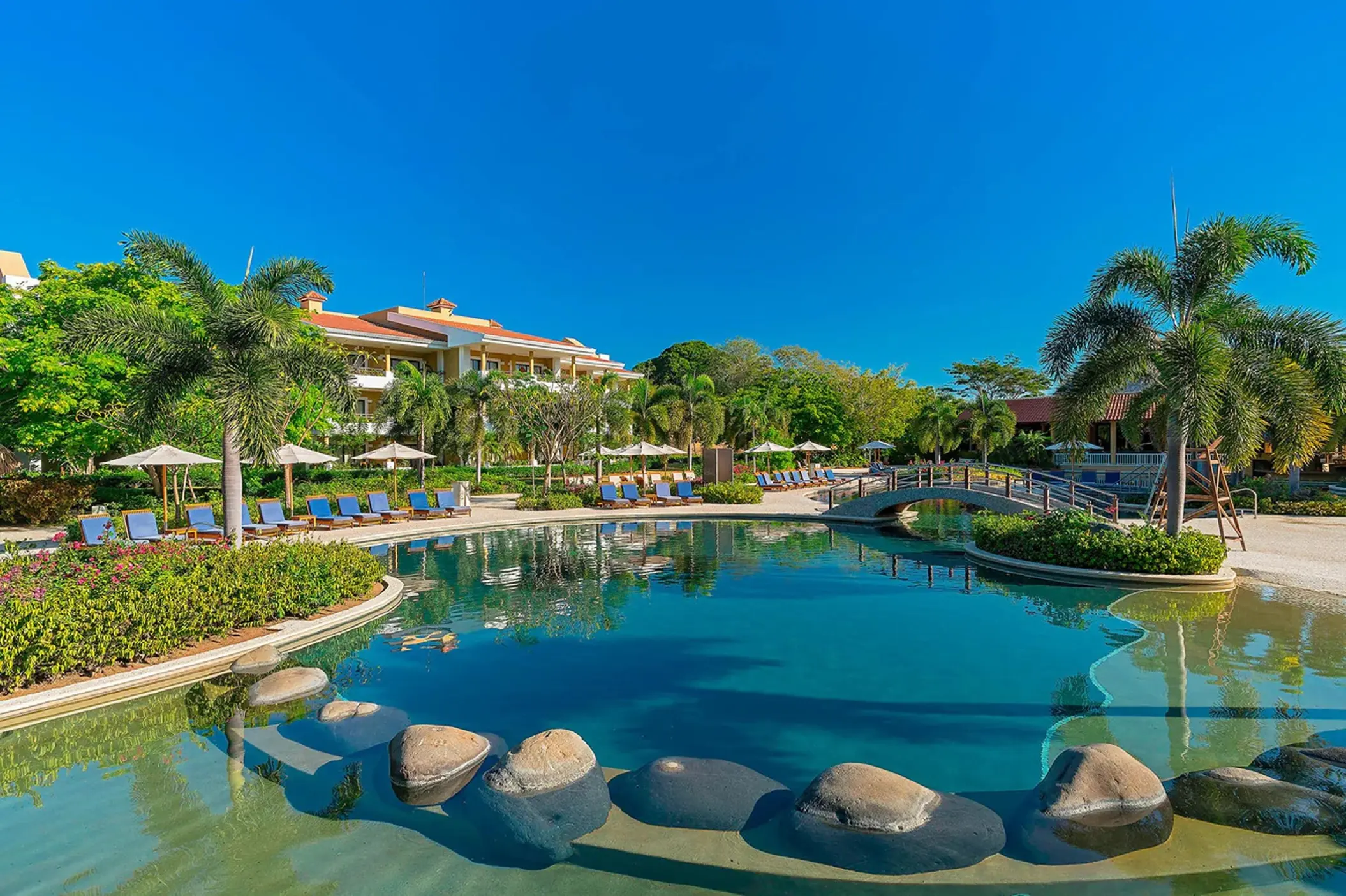 The Westin Reserva Conchal club pool surrounded by palm trees and lounge chairs, Liberia