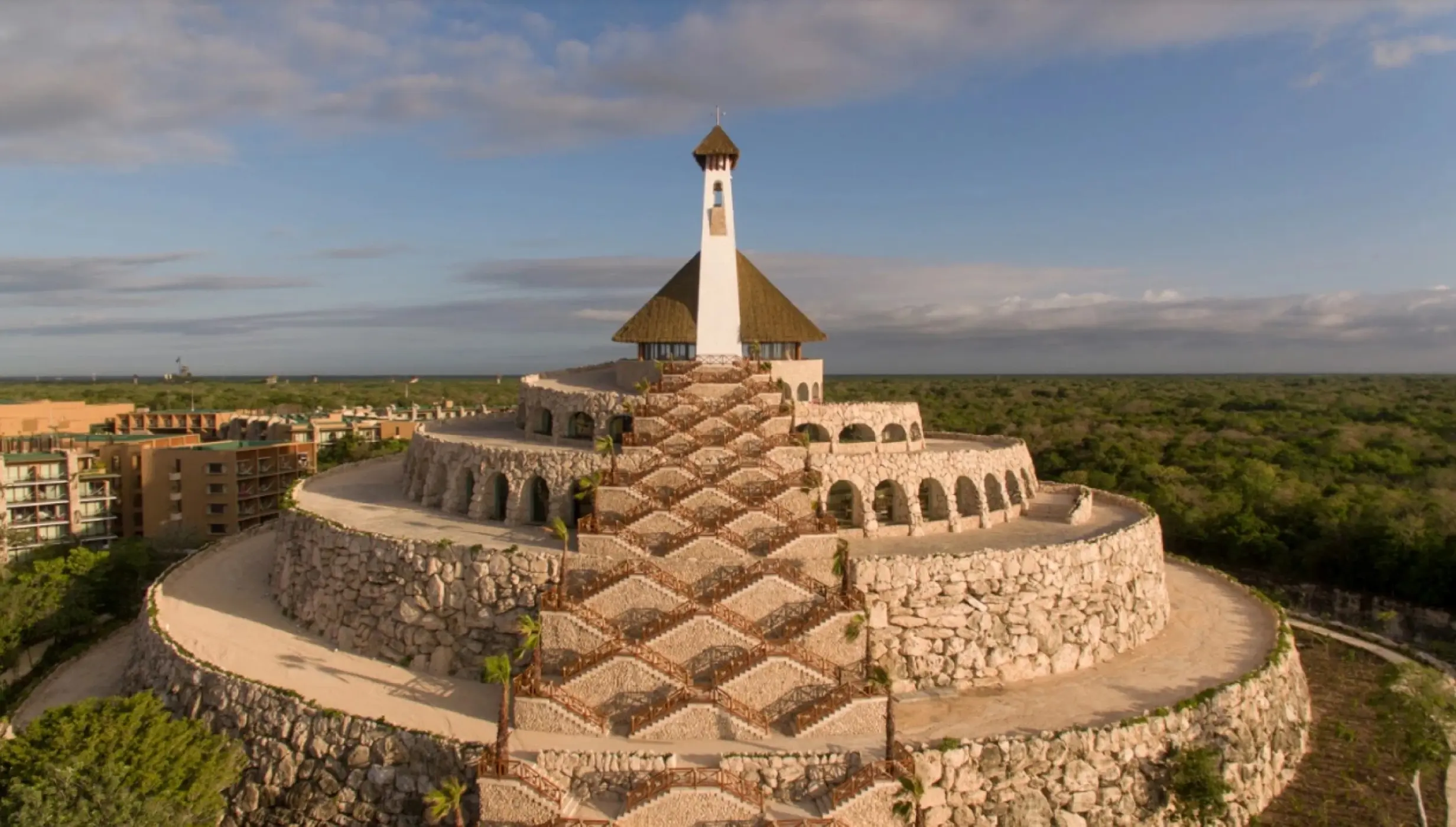 Chapel of Todos los Angeles wedding venue atop a stone pyramid at Hotel Xcaret Arte, Riviera Maya