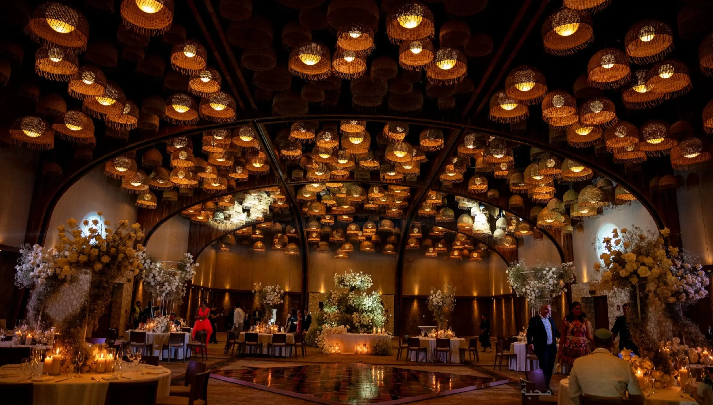 Diego ballroom wedding reception with ornate hanging lights at Hotel Xcaret Arte, Riviera Maya