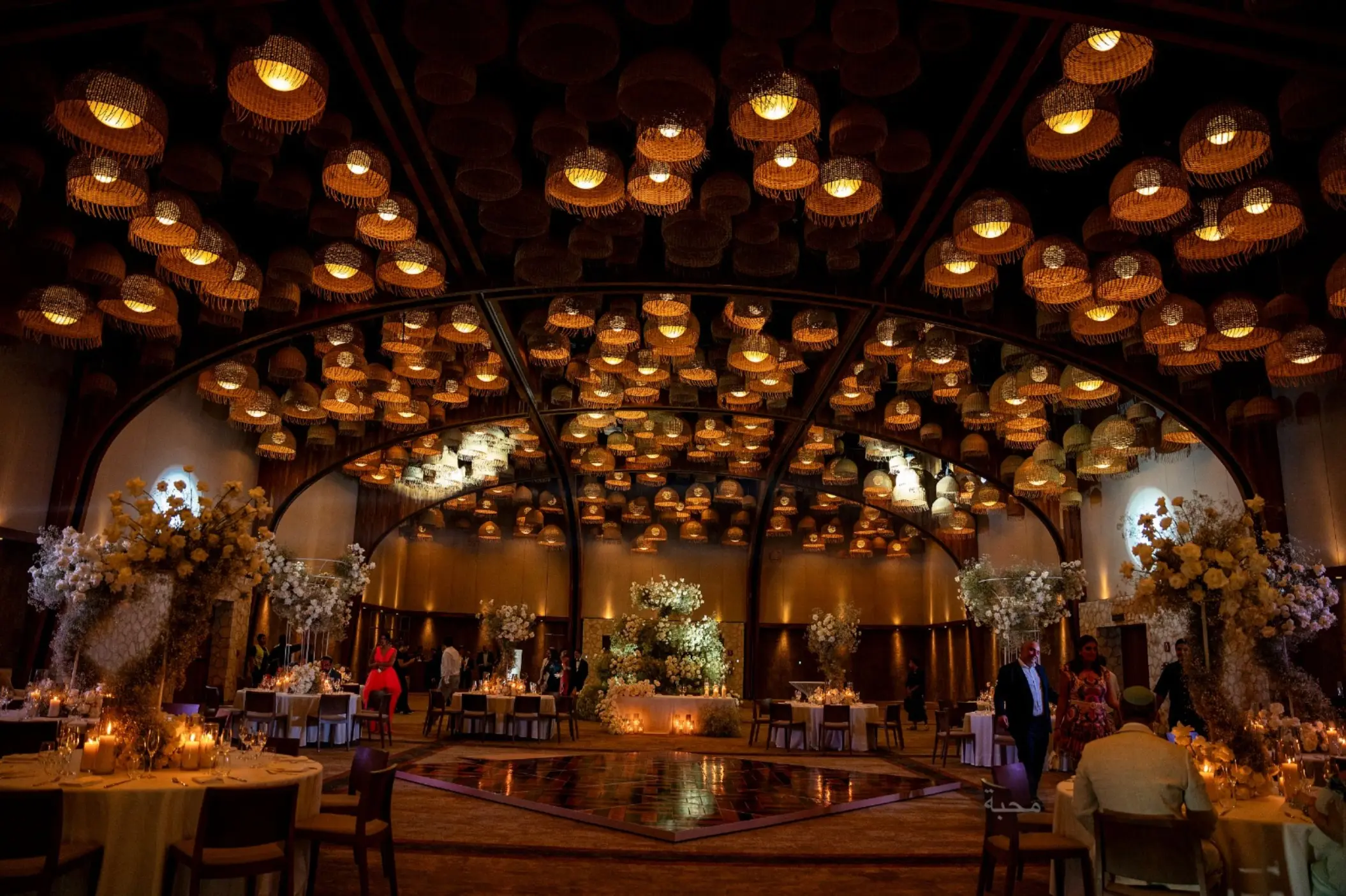 Diego ballroom wedding reception with ornate hanging lights at Hotel Xcaret Arte, Riviera Maya