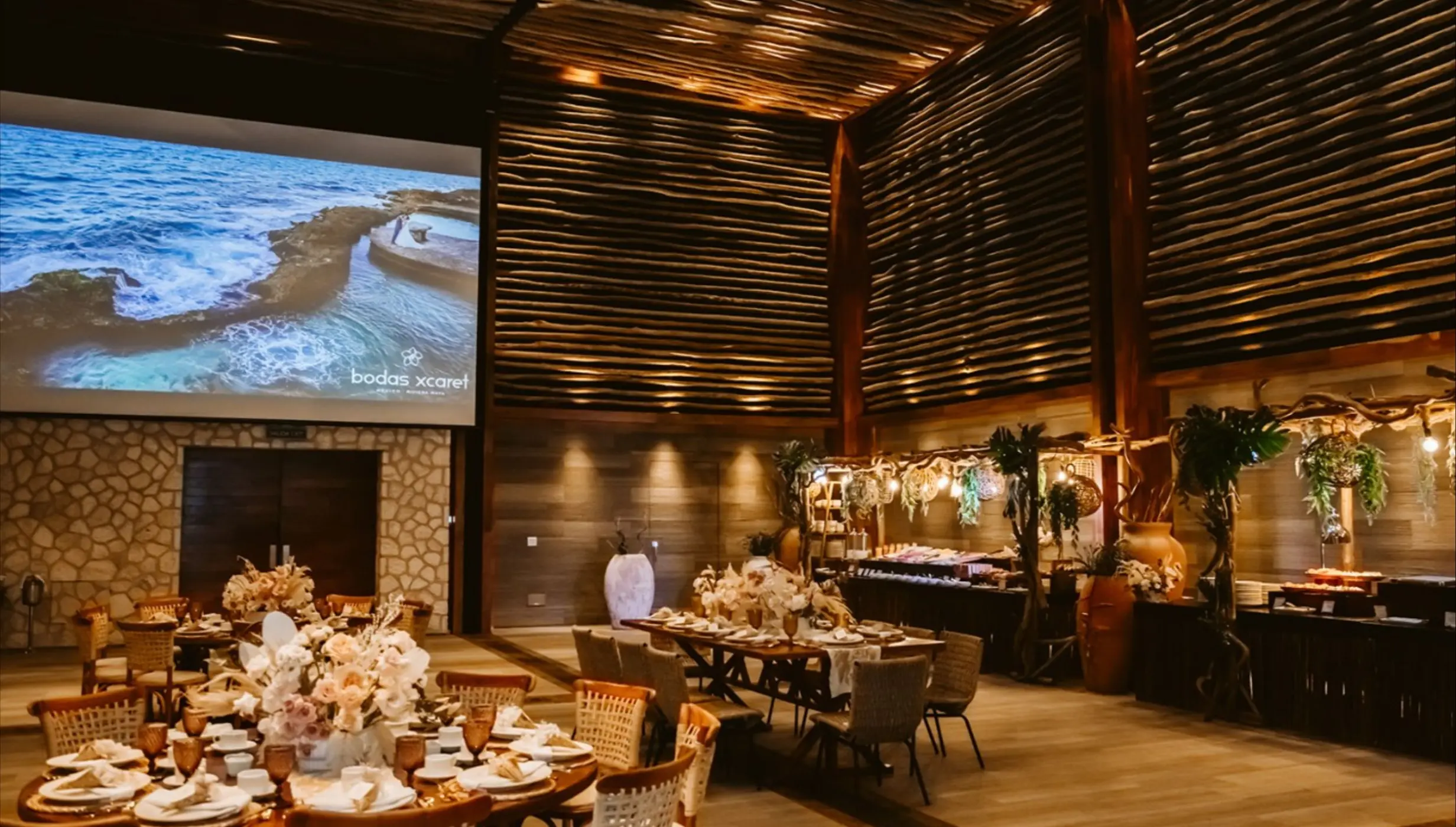 Frida Ballroom wedding reception with wooden slat architecture at Hotel Xcaret Arte, Riviera Maya