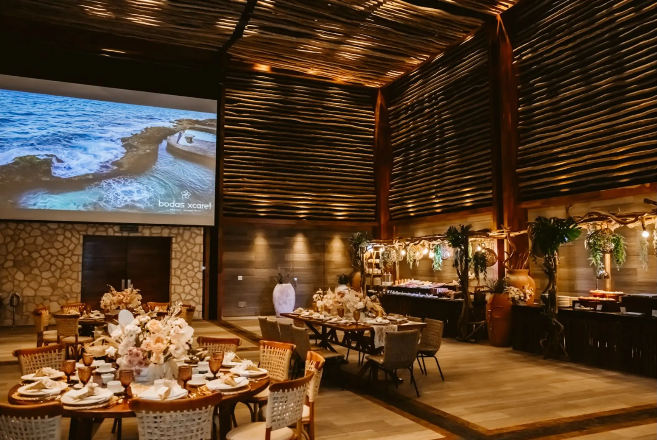 Frida Ballroom wedding reception with wooden slat architecture at Hotel Xcaret Arte, Riviera Maya