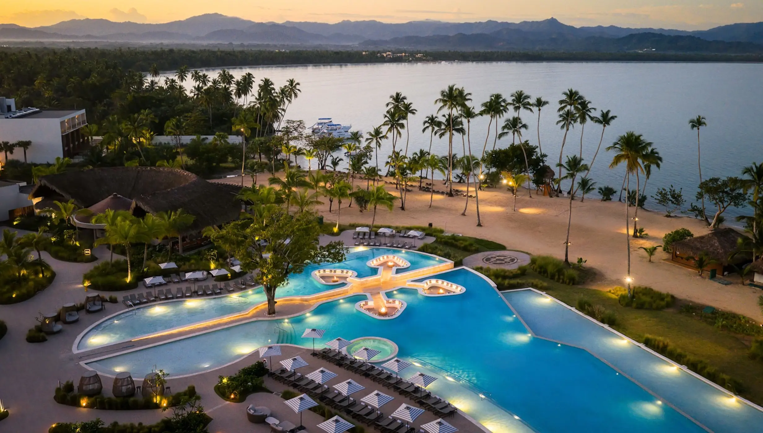 Aerial view of Zemi Miches pools and beachfront at twilight, Punta Cana