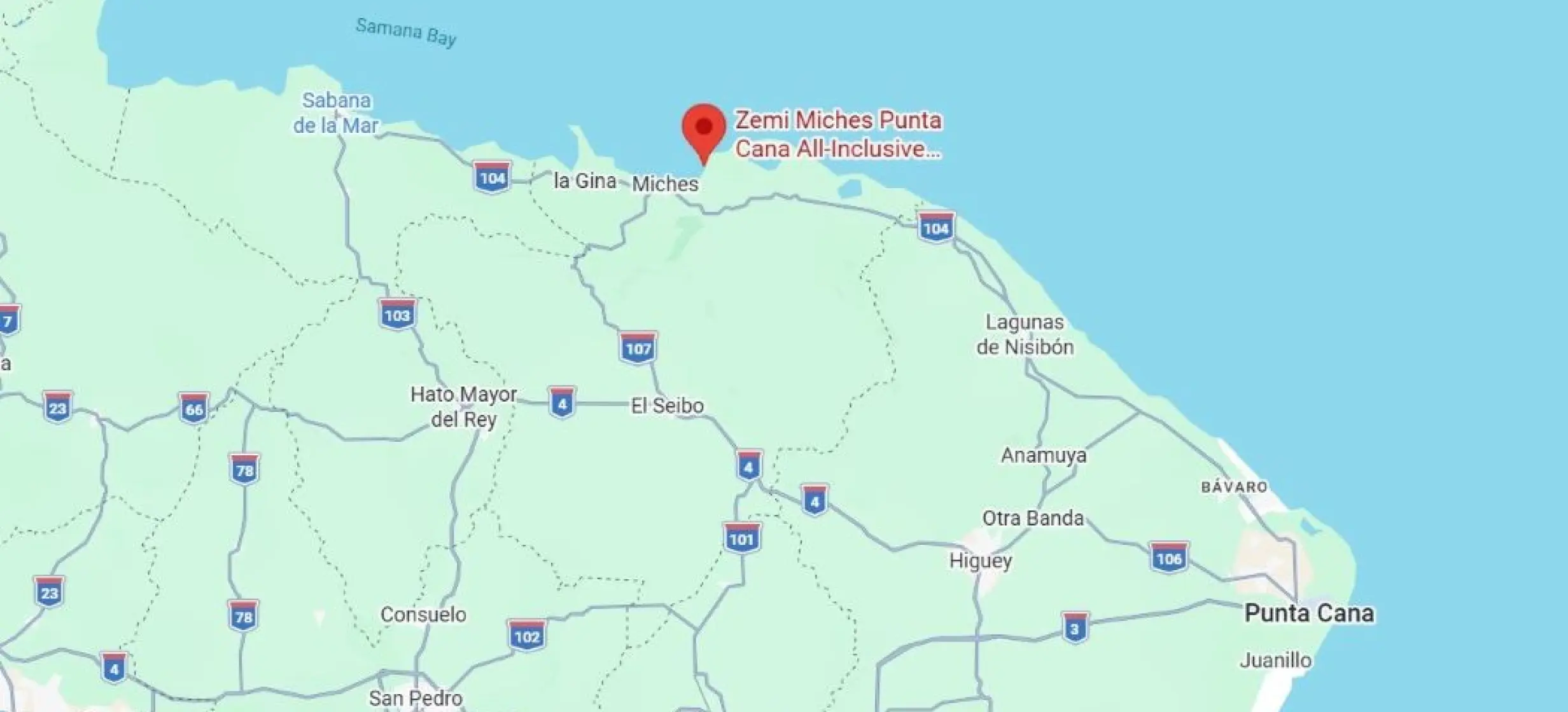 Map showing the location of Zemi Miches on the northern coast of the Dominican Republic