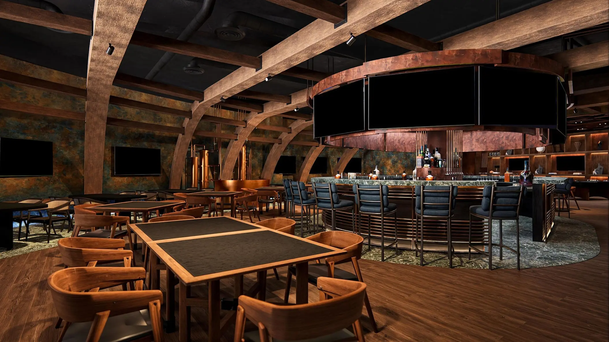 Sports bar with a circular counter and curved wooden beams at Zemi Miches, Punta Cana