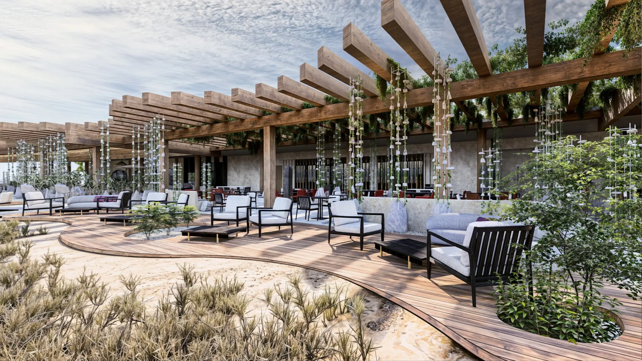 Modern outdoor lounge terrace with wooden pergola at Zemi Miches, Punta Cana