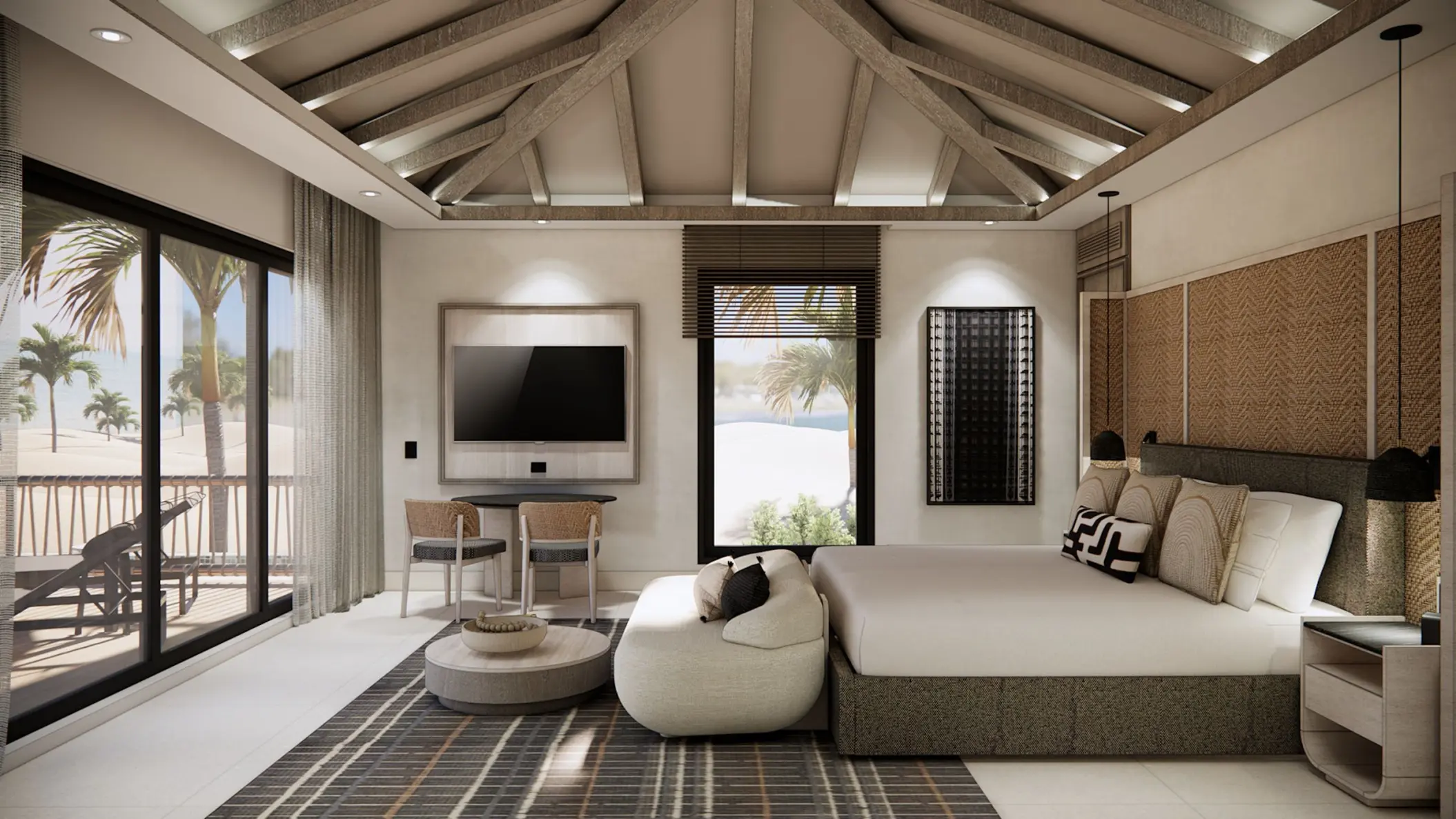 Two-bedroom king bungalow with vaulted wood ceilings at Zemi Miches, Punta Cana