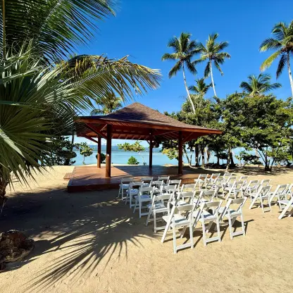 Beachfront wedding ceremony gazebo with white chairs at Zemi Miches, Punta Cana
