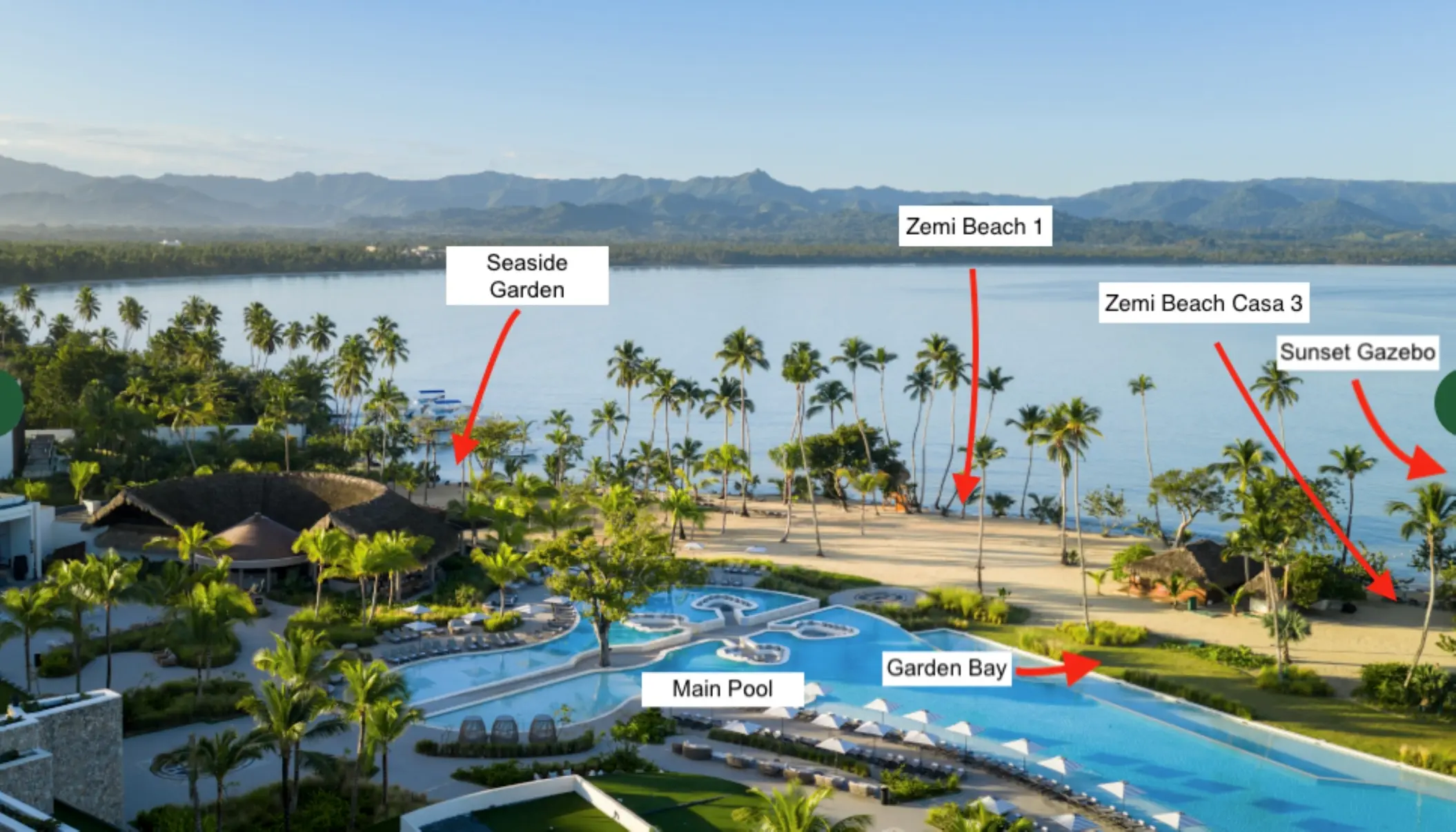 Aerial map of Zemi Miches wedding venues and pools including Seaside Garden and Sunset Gazebo, Punta Cana