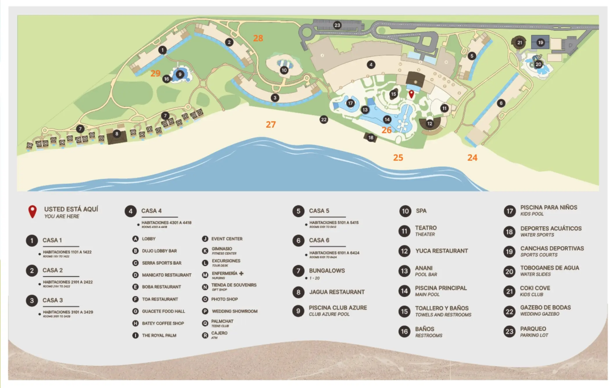 Resort map for Zemi Miches showing grounds, pools, and beachfront wedding venues in Punta Cana