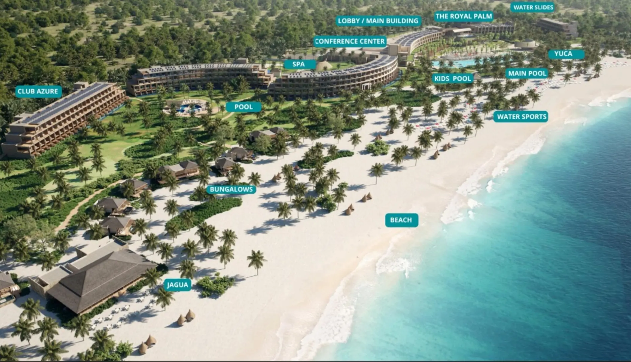 Aerial layout map of Zemi Miches showing guest rooms, pools, and beach areas, Punta Cana