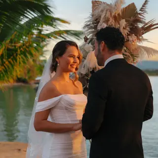 The bride and groom exchange vows during a sunset ceremony at Zemi Miches, Punta Cana