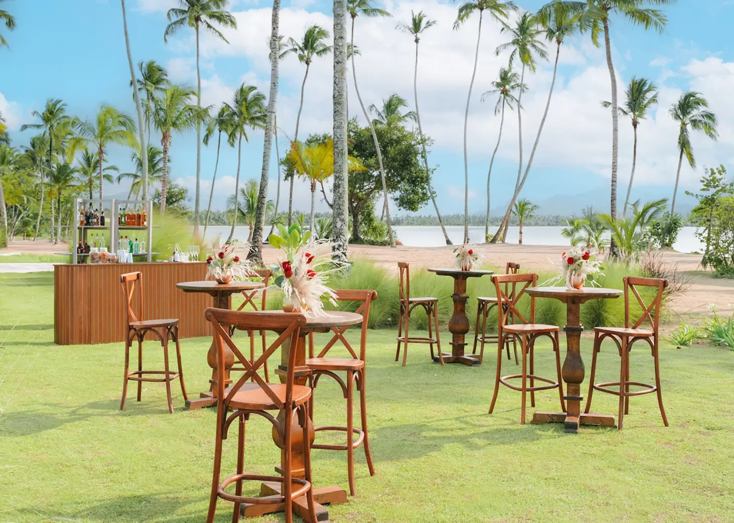 Cocktail hour reception set up on the lawn at Zemi Miches, Punta Cana