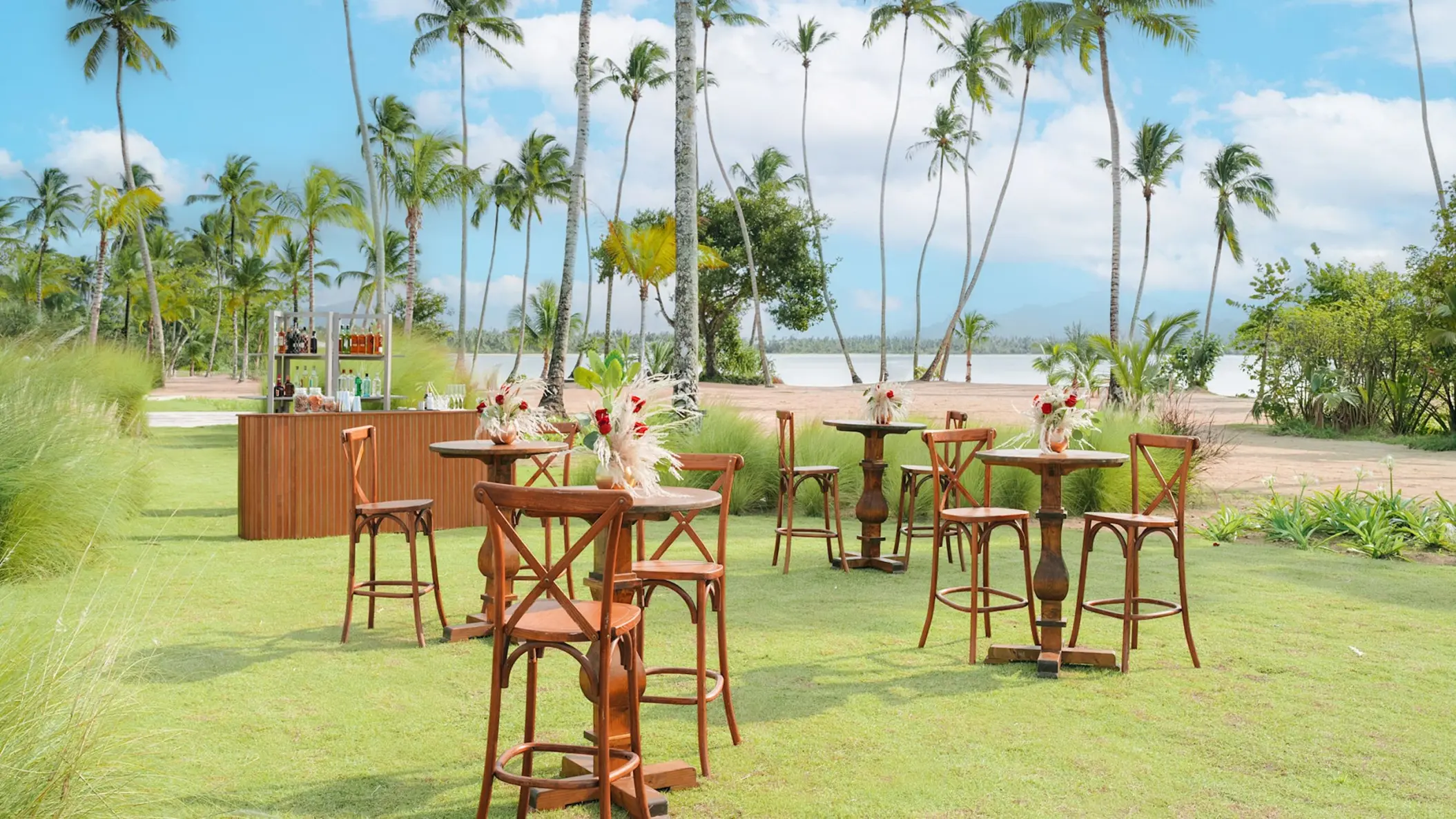 Cocktail hour reception set up on the lawn at Zemi Miches, Punta Cana