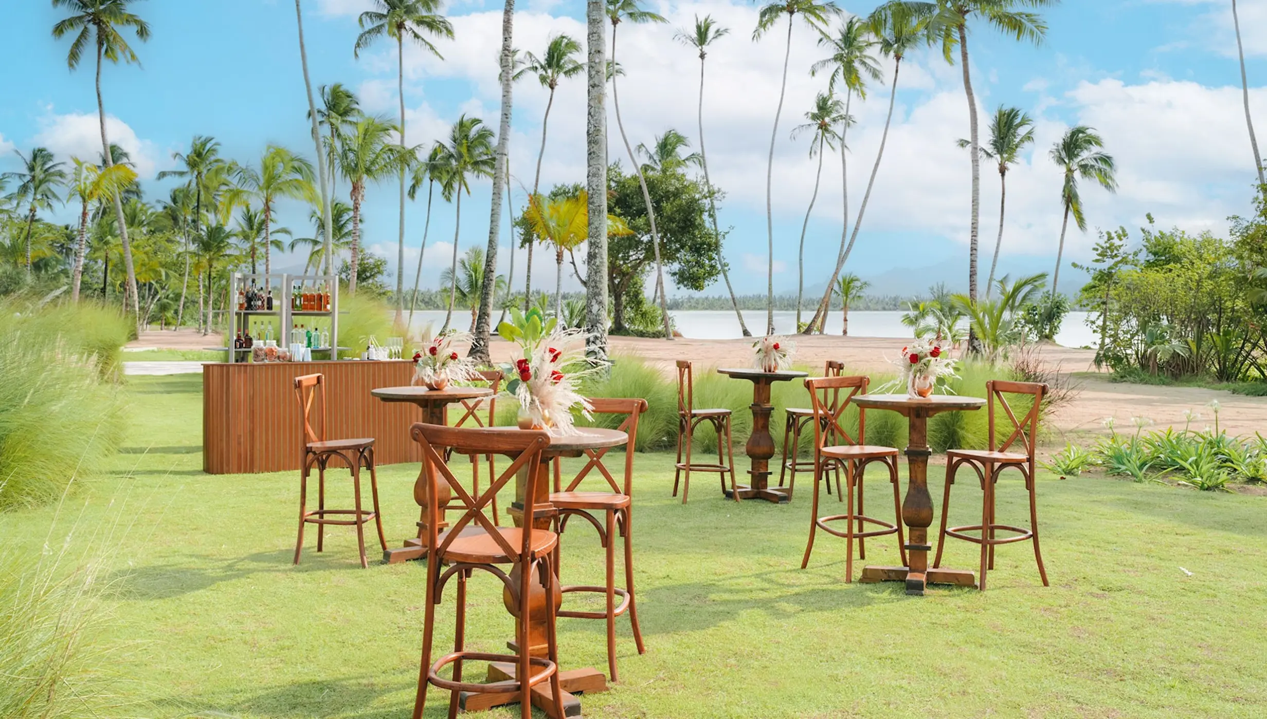 Cocktail hour reception set up on the lawn at Zemi Miches, Punta Cana