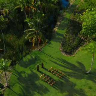 Aerial view of a garden wedding ceremony setup at Zemi Miches, Punta Cana