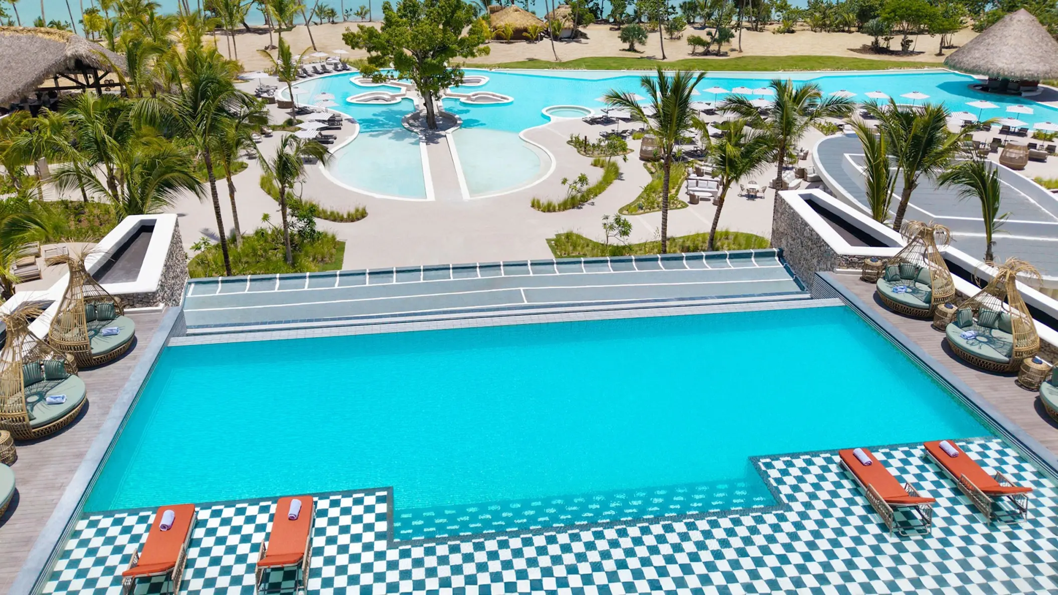 Aerial view of Zemi Miches infinity pool and grounds, Punta Cana