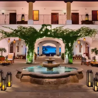 Courtyard with a stone fountain, lanterns, and ivy-covered arches at Zoetry Casa del Mar, Cabo San Lucas