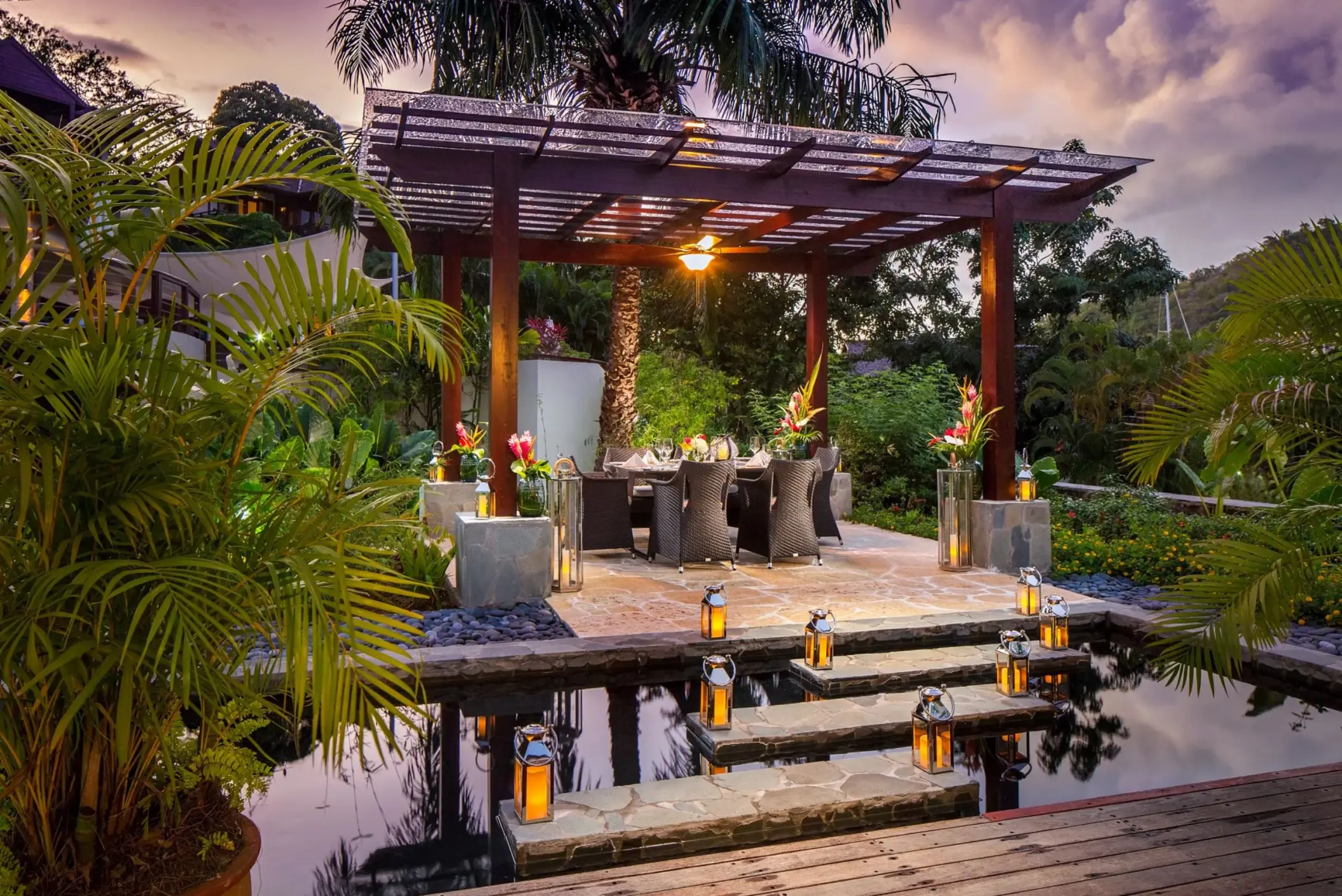 Outdoor reception setup under the Alexandria pergola at Zoetry Marigot Bay, Castries