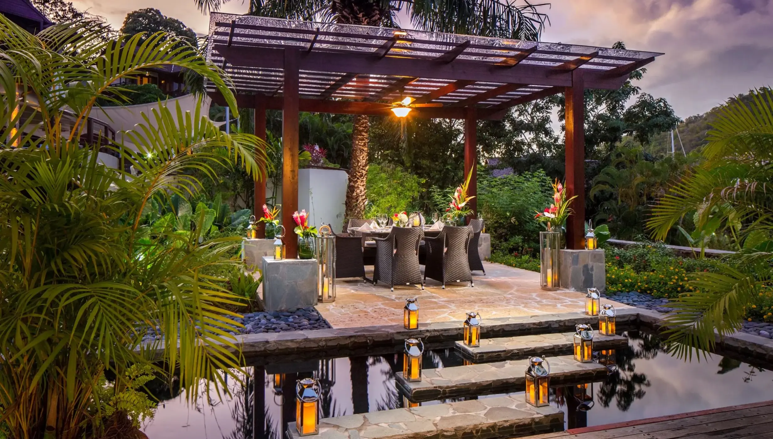 Outdoor reception setup under the Alexandria pergola at Zoetry Marigot Bay, Castries