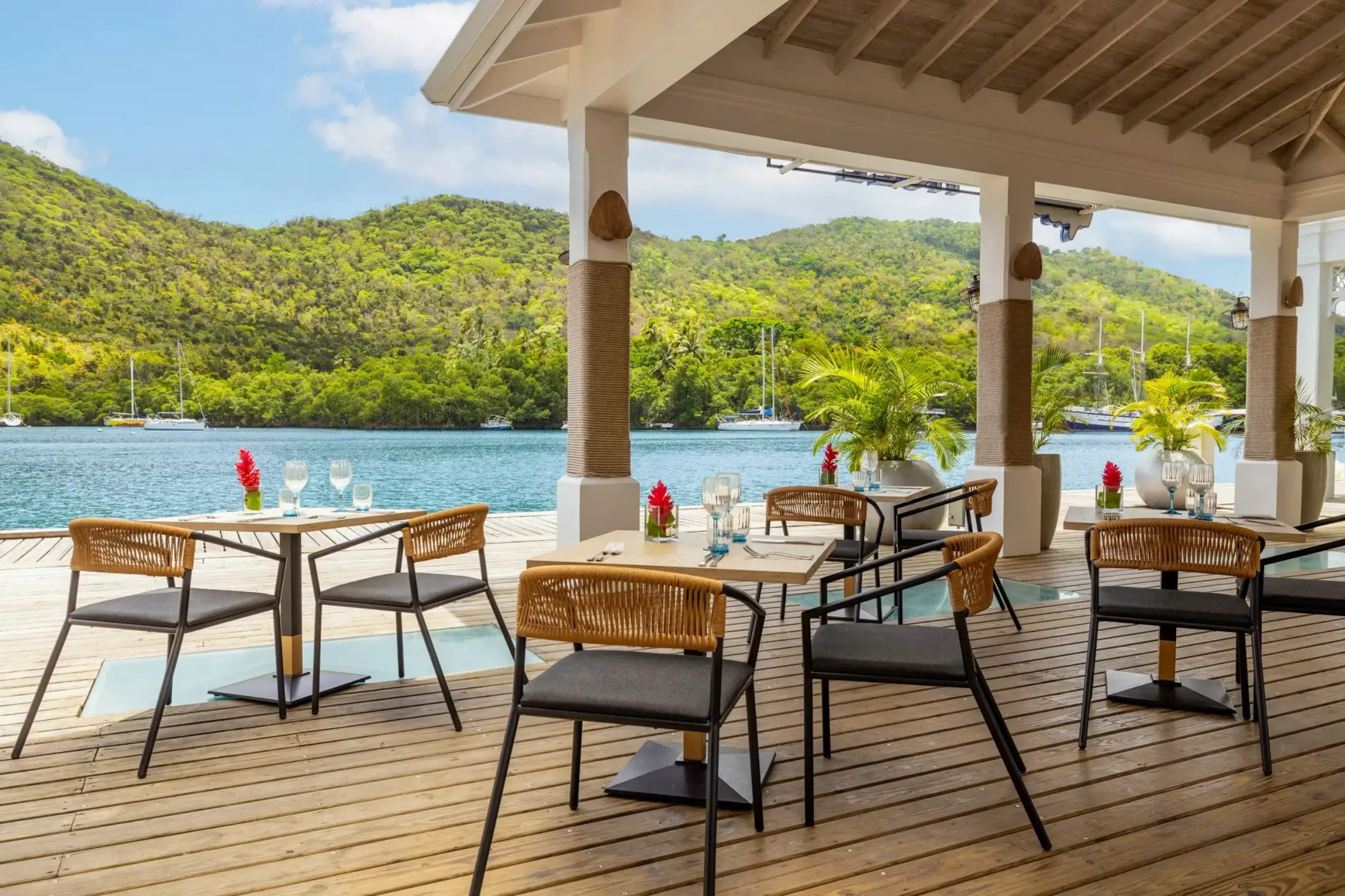 Hurricane Hole restaurant deck overlooking the marina at Zoetry Marigot Bay, Castries
