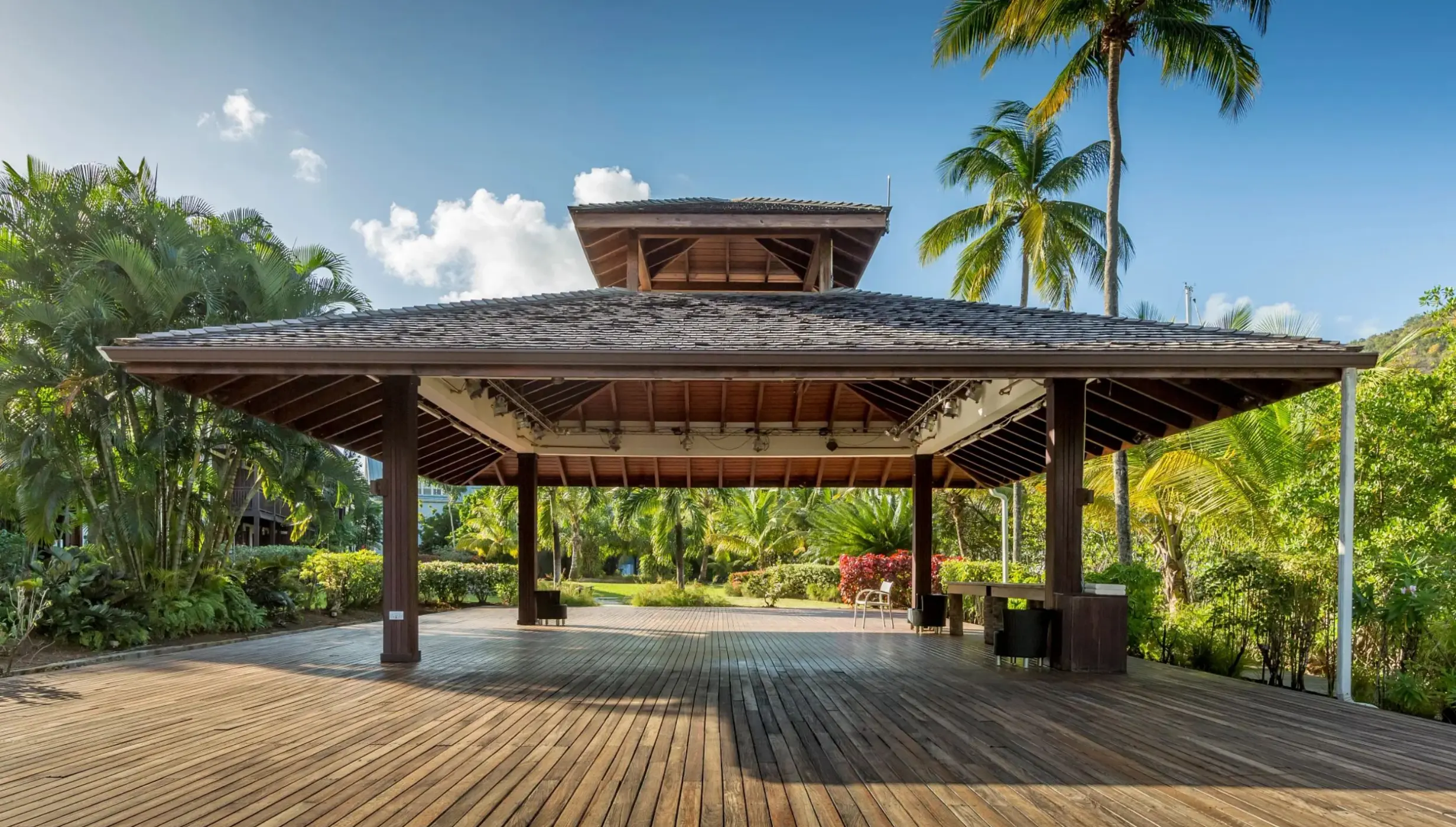 Palm Pavilion wooden deck wedding ceremony venue at Zoetry Marigot Bay, Castries
