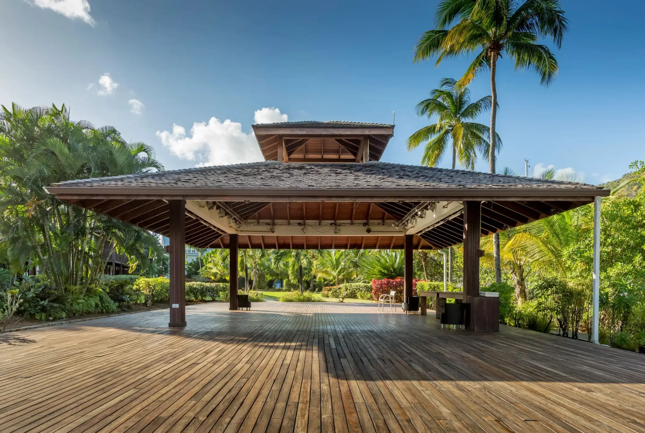 Palm Pavilion wooden deck wedding ceremony venue at Zoetry Marigot Bay, Castries