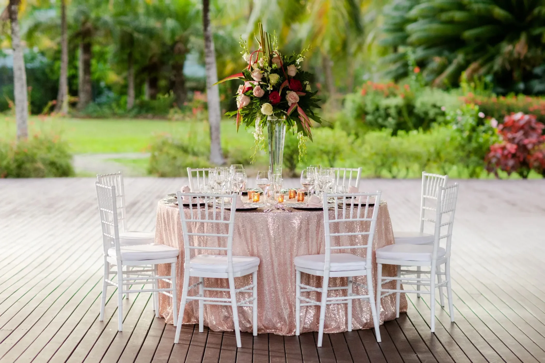 palm pavilion deck reception setup at Zoetry Marigot Bay St. Lucia