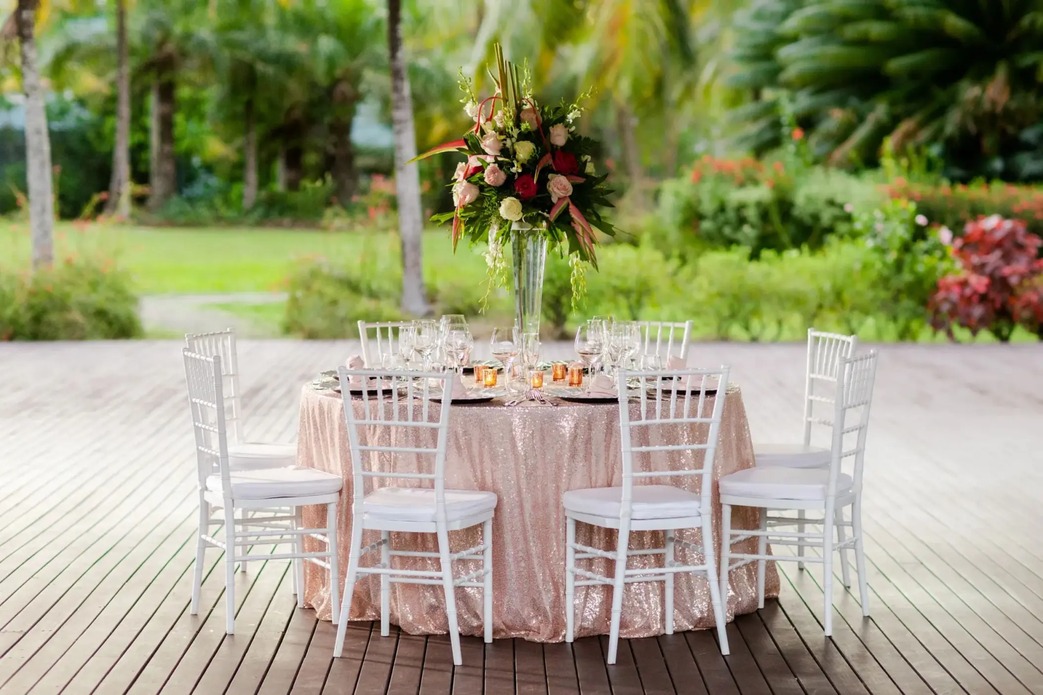 Palm Pavilion deck wedding reception at Zoetry Marigot Bay, Castries