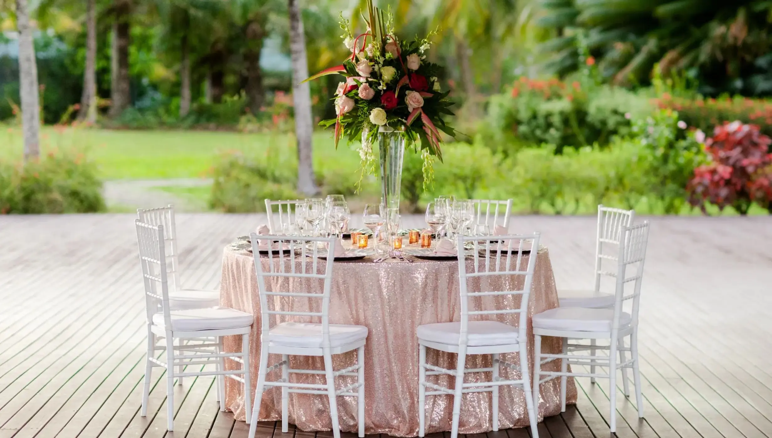 Palm Pavilion deck wedding reception at Zoetry Marigot Bay, Castries