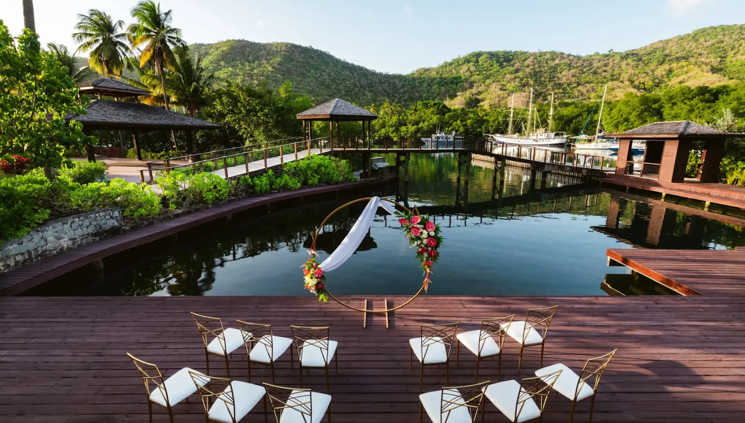 Palm Pavilion deck wedding ceremony at Zoetry Marigot Bay, Castries