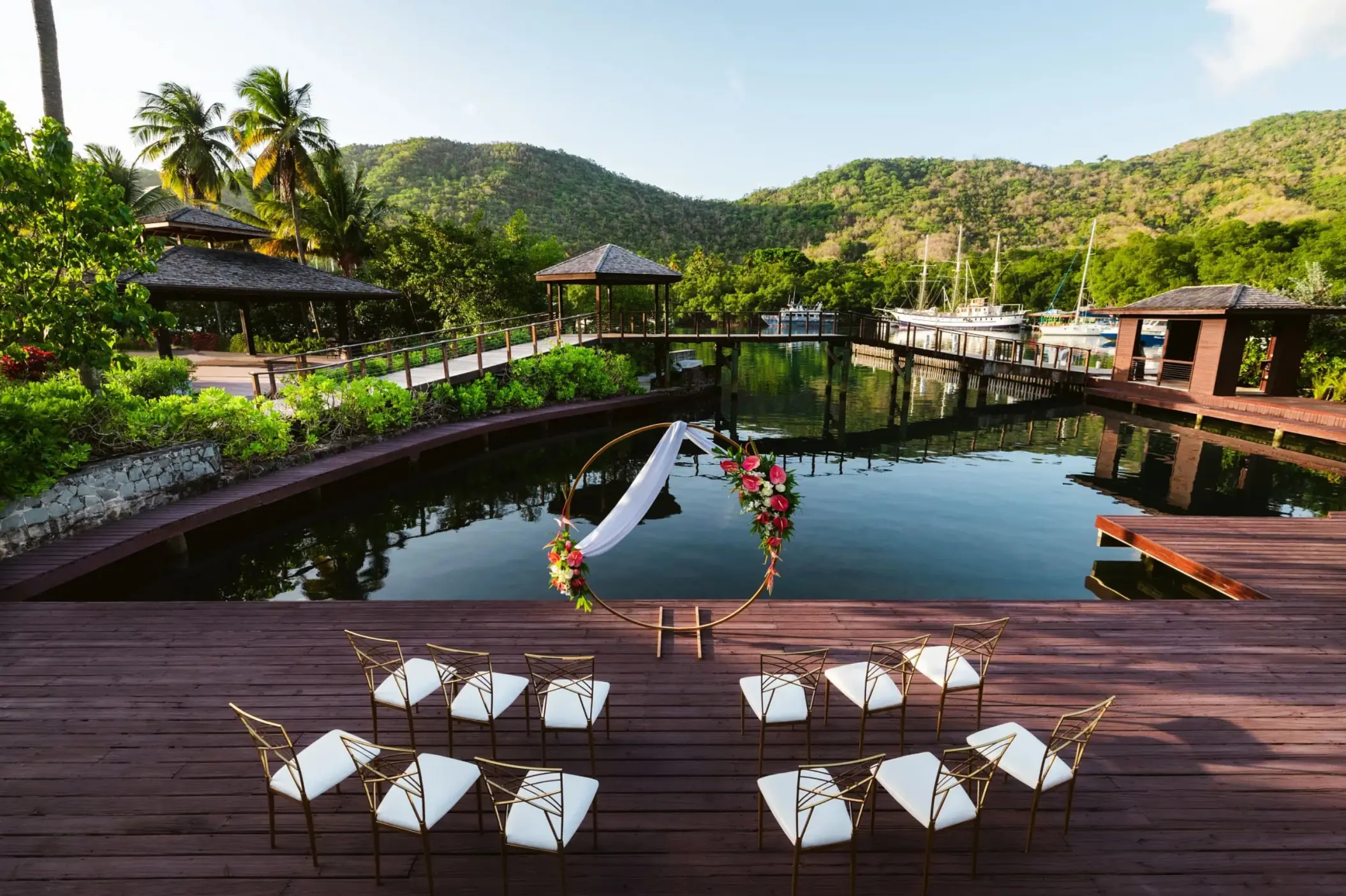 Palm Pavilion deck wedding ceremony at Zoetry Marigot Bay, Castries