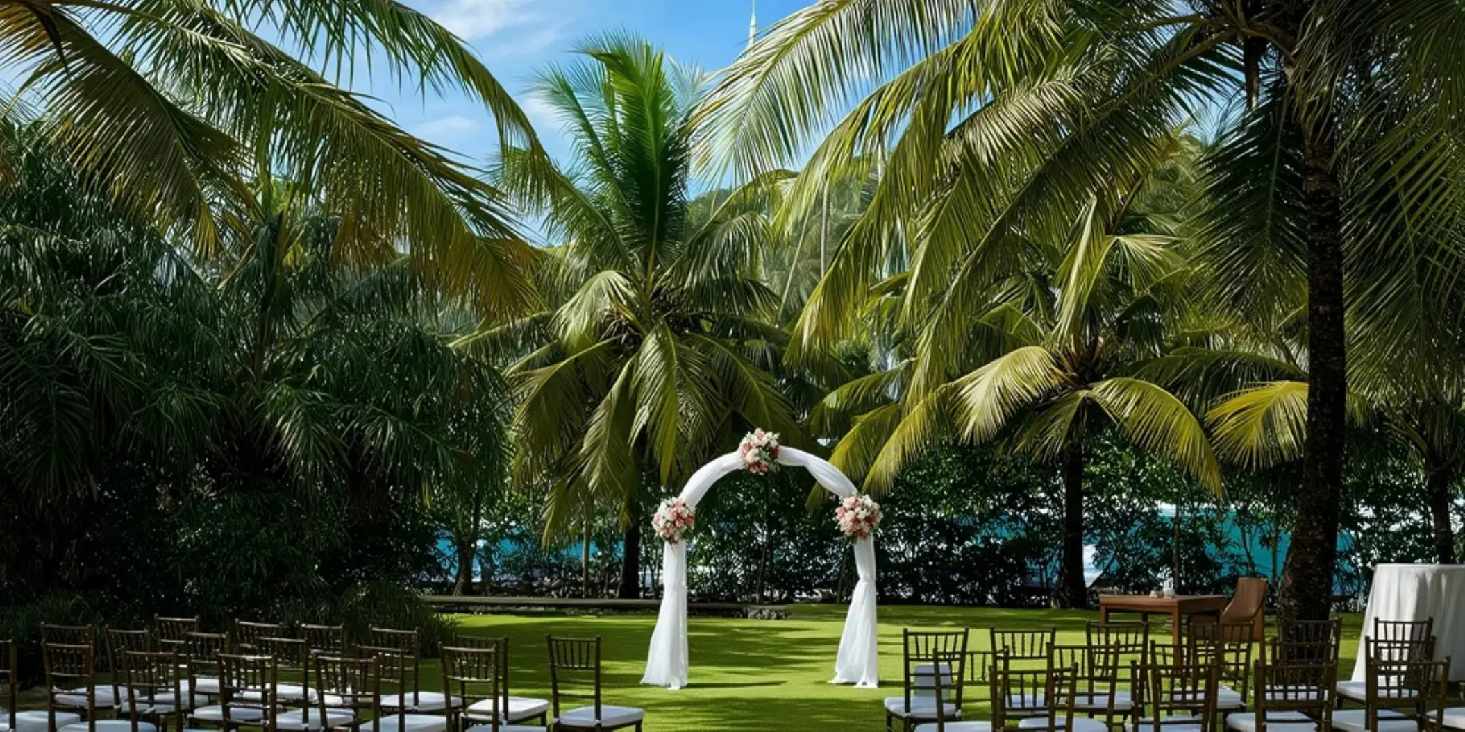 Palm Pavilion garden wedding ceremony setup under palm trees at Zoetry Marigot Bay, Castries