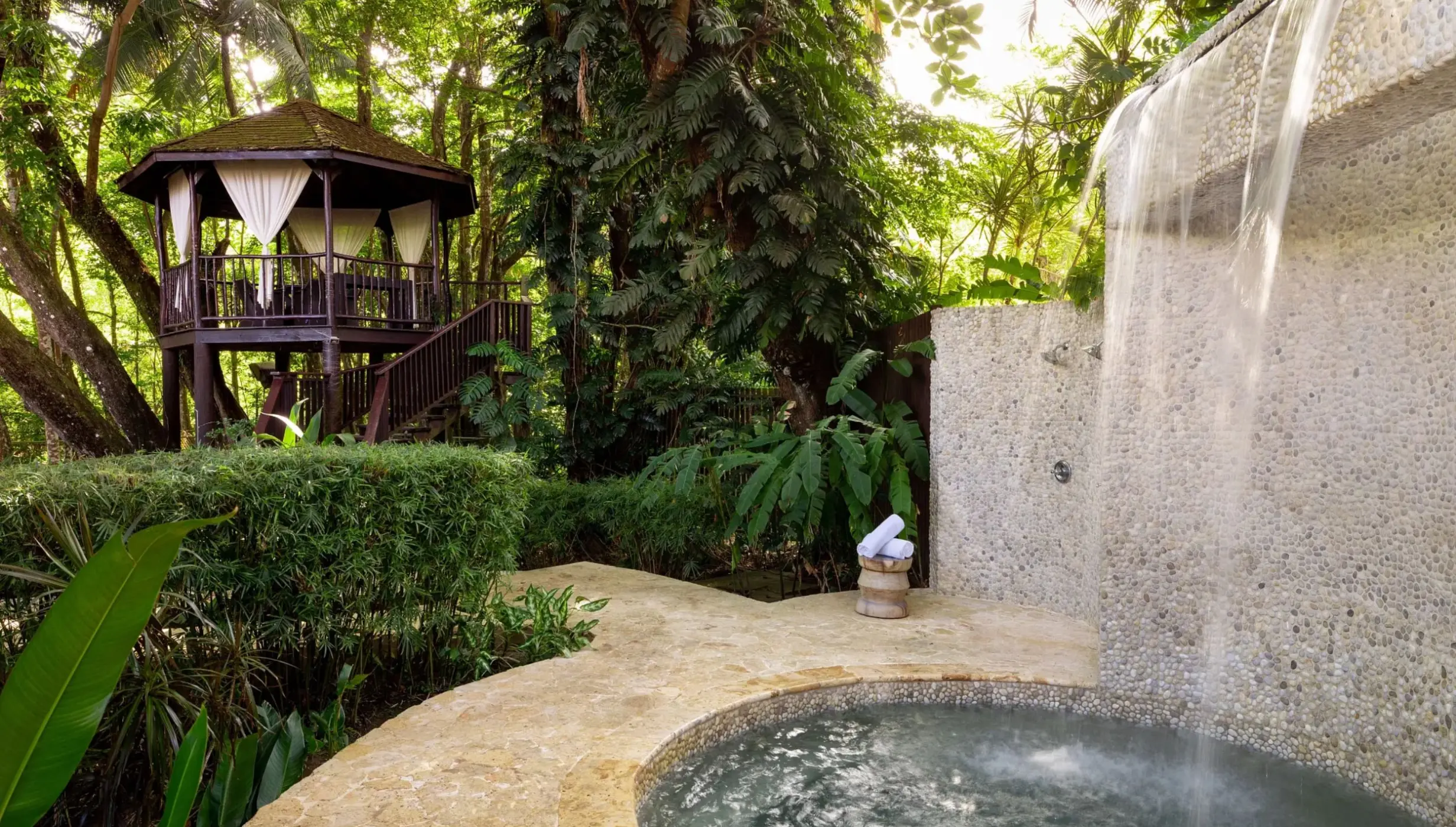 Treehouse gazebo and waterfall plunge pool at Zoetry Marigot Bay, Castries