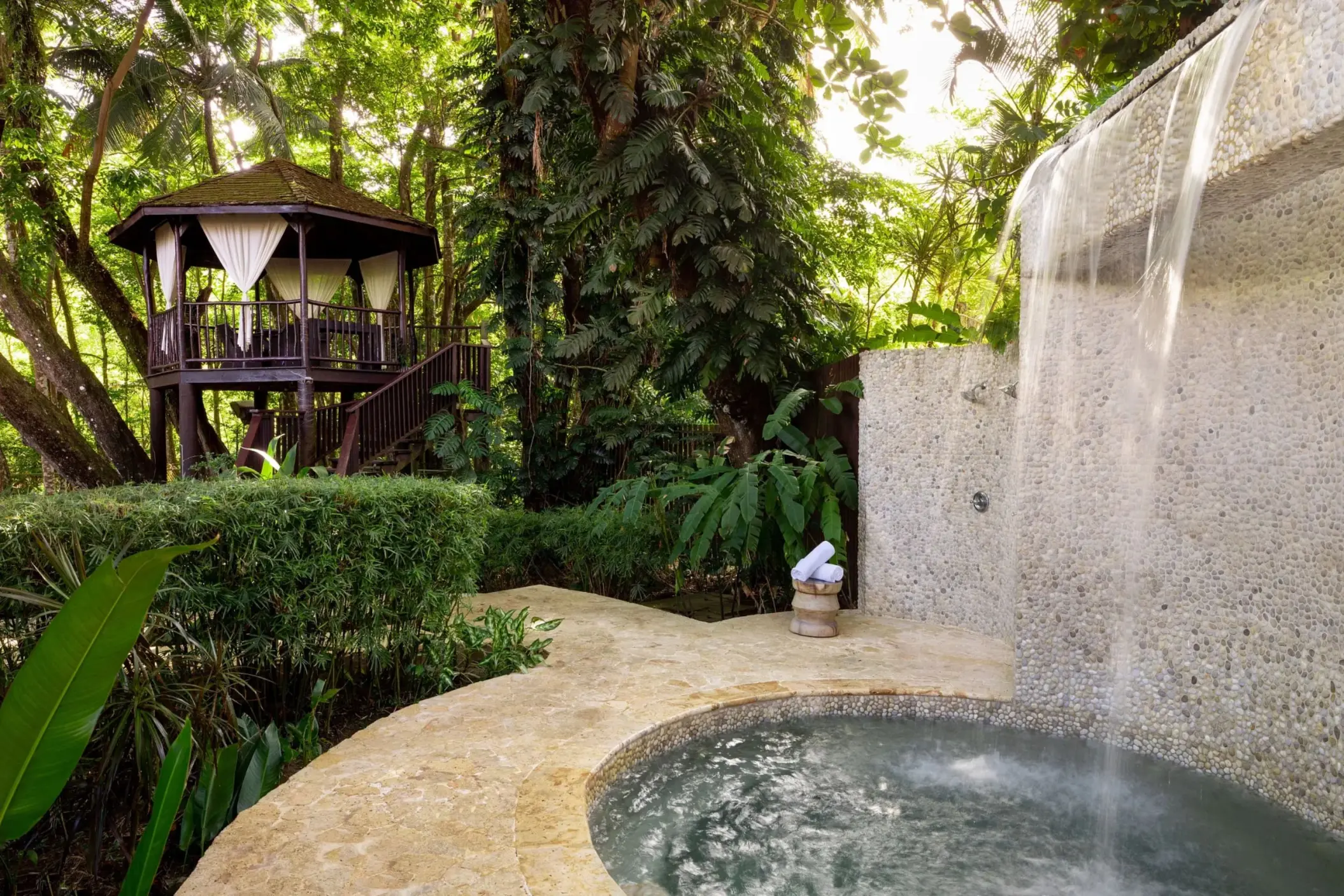 Treehouse gazebo and waterfall plunge pool at Zoetry Marigot Bay, Castries