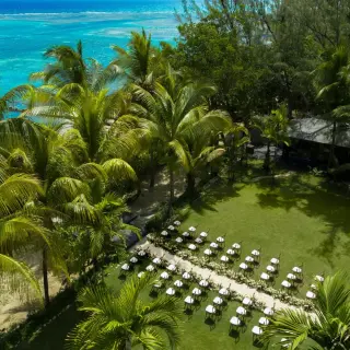 Aerial view of the Coyaba Lawn wedding ceremony setup at Zoetry Montego Bay, Jamaica