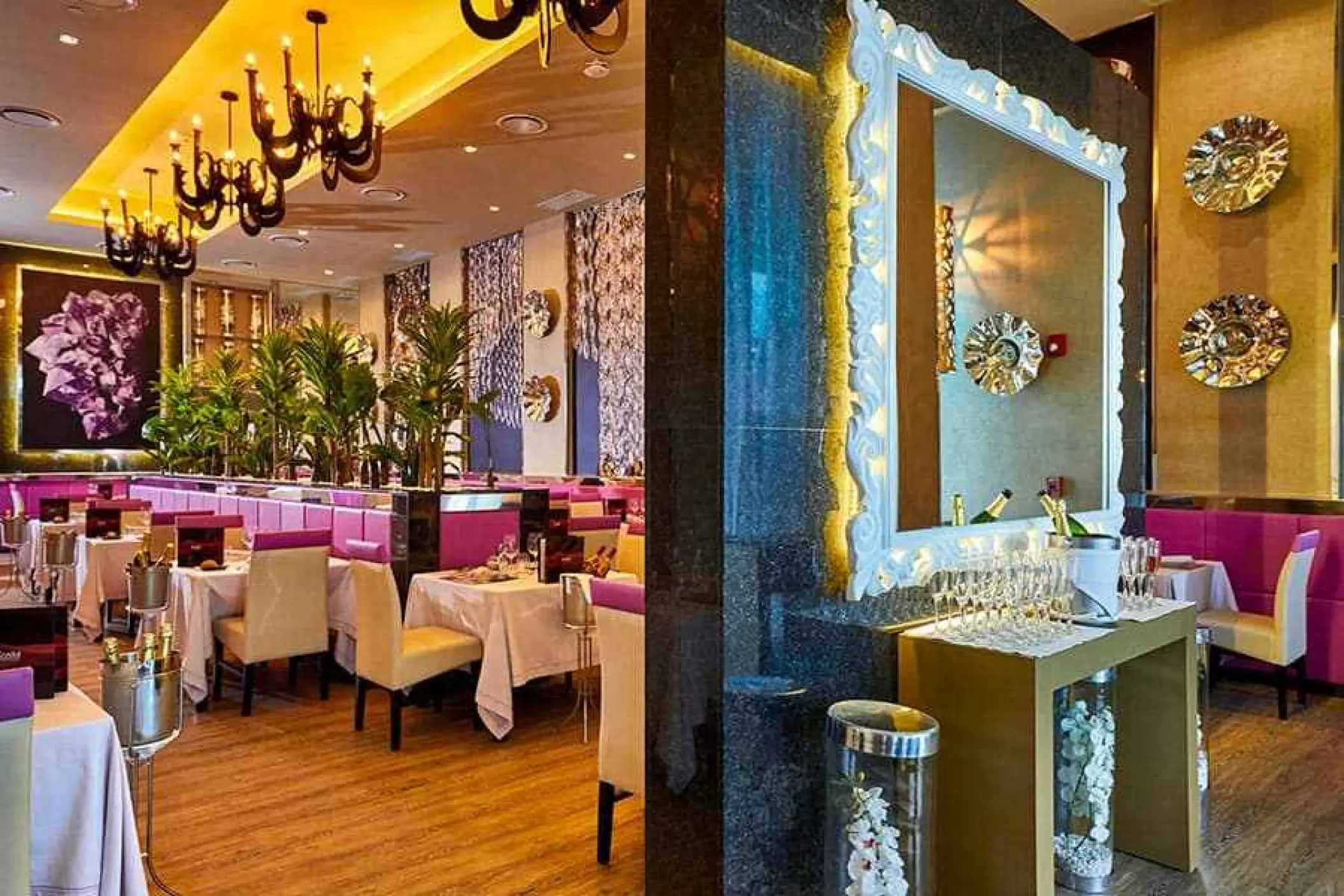 Krystal restaurant dining room with purple accents and chandeliers at Riu Palace Costa Mujeres, Cancun